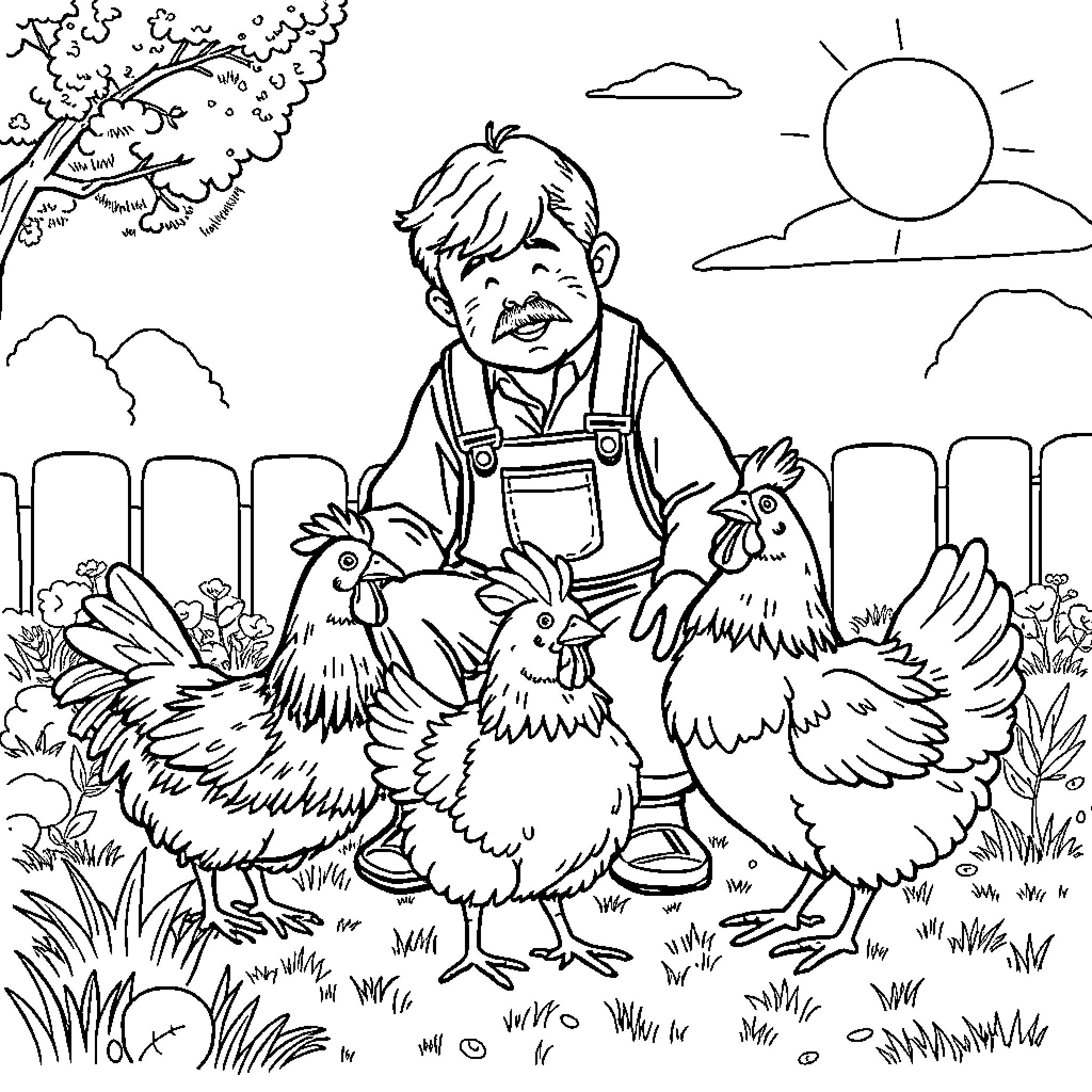 Chicken Farmer Boy Tending to His Flock Coloring Page (free black-and-white line drawing printable PDF for all, from beginners to advanced learners, including children, teens, adults, and seniors)