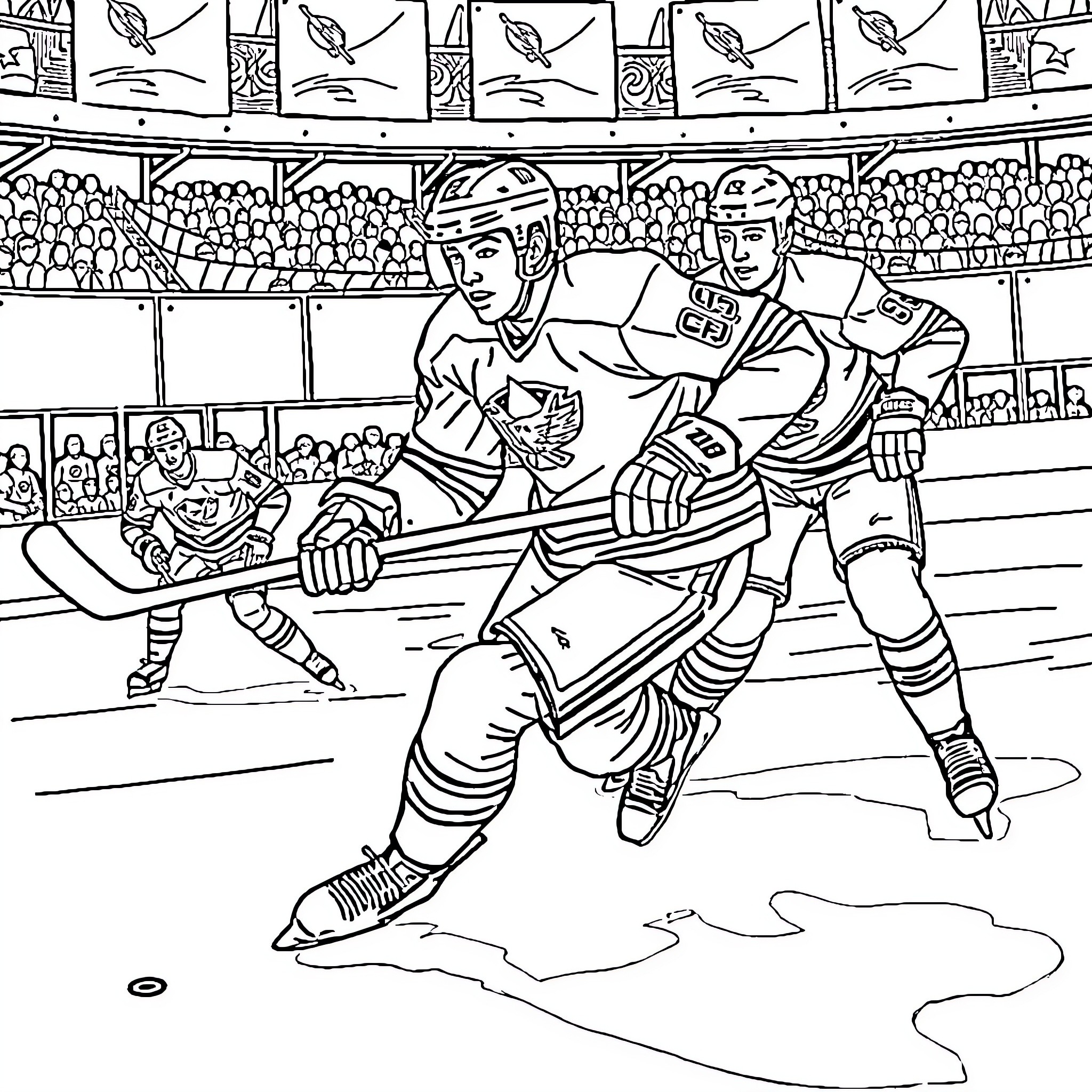 Auston Matthews Hockey Players in Action on Ice Rink Coloring Page (free black-and-white line drawing printable PDF for all, from beginners to advanced learners, including children, teens, adults, and seniors)