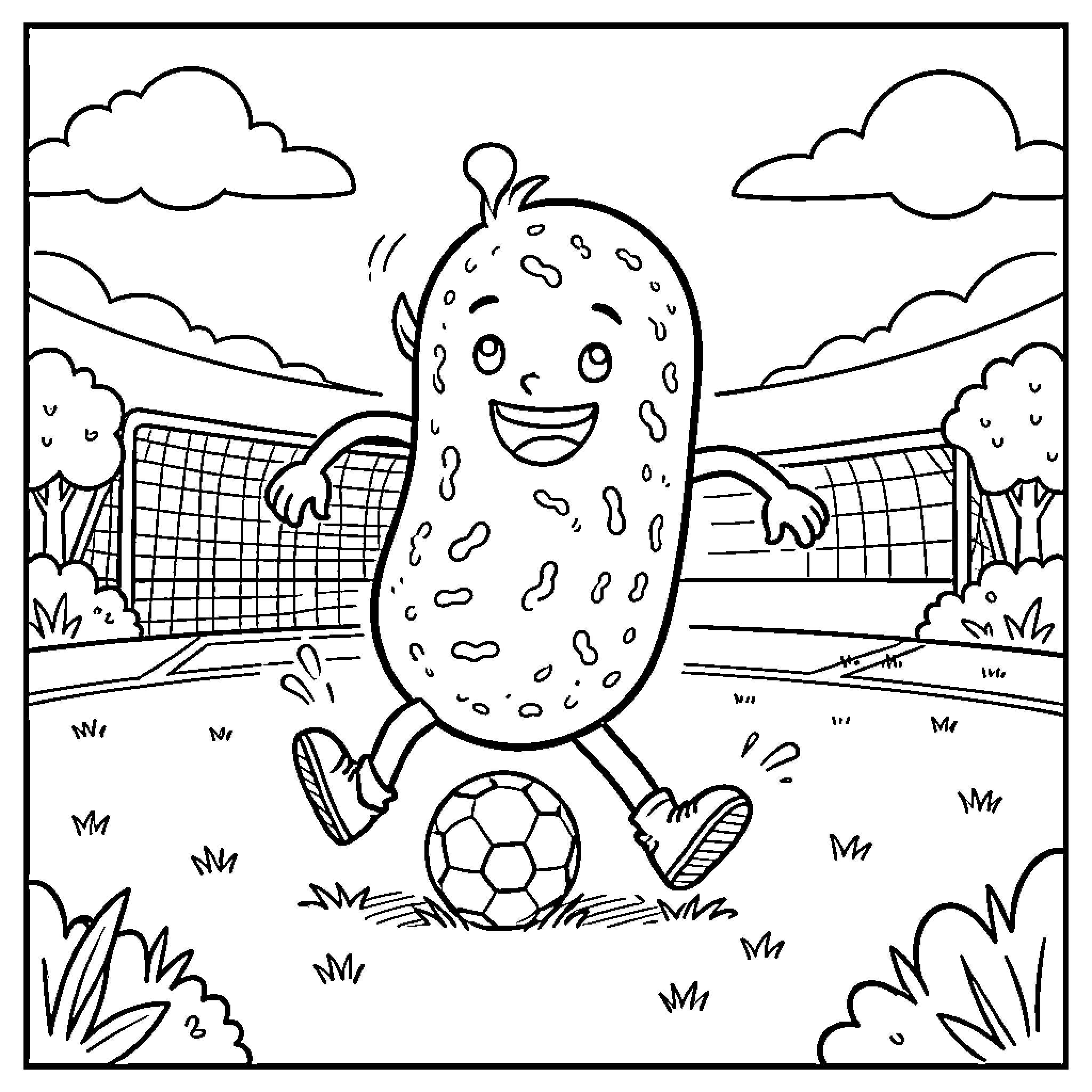 Mitochondria playing soccer joyfully in the park Coloring Page (free black-and-white line drawing printable PDF for all, from beginners to advanced learners, including children, teens, adults, and seniors)