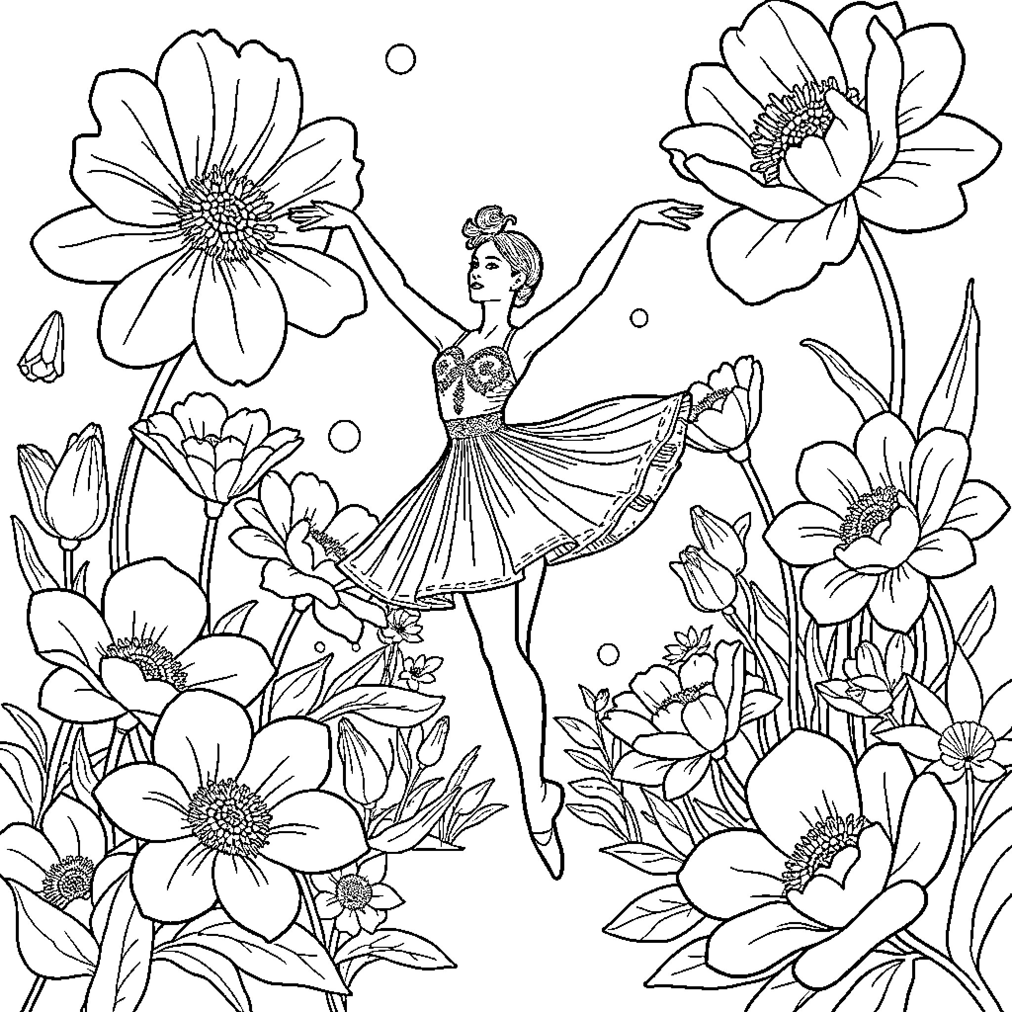 Ballerina Dancing Gracefully Among Vibrant Flowers Coloring Page (free black-and-white line drawing printable PDF for all, from beginners to advanced learners, including children, teens, adults, and seniors)