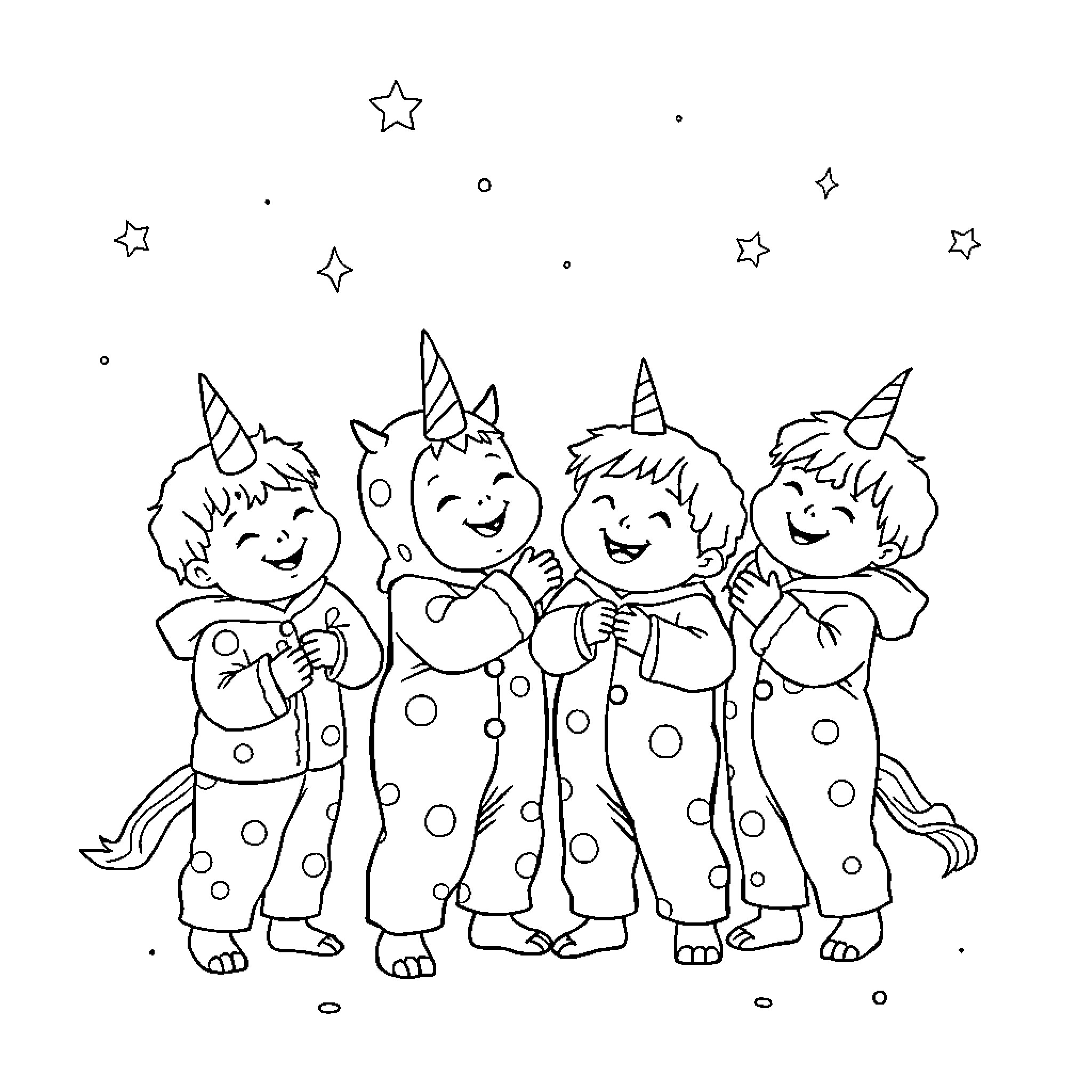 Pyjamasques dancing and playing under the stars Coloring Page (free black-and-white line drawing printable PDF for all, from beginners to advanced learners, including children, teens, adults, and seniors)
