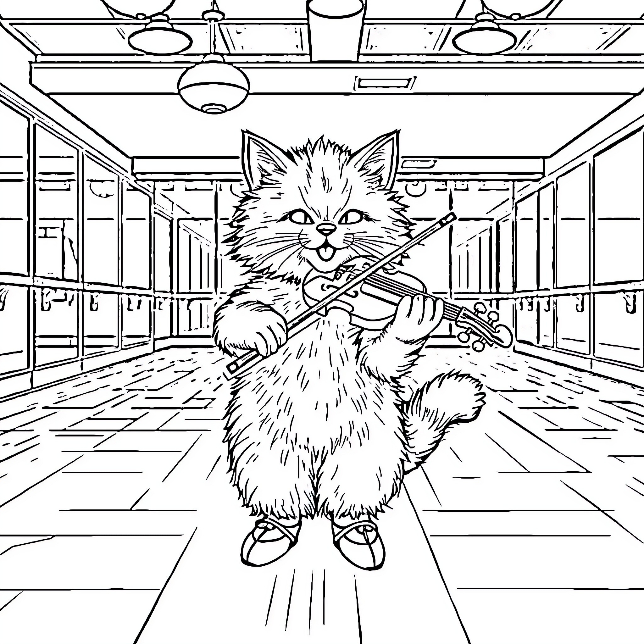 Cat playing violin in school hallway Coloring Page (free black-and-white line drawing printable PDF for all, from beginners to advanced learners, including children, teens, adults, and seniors)