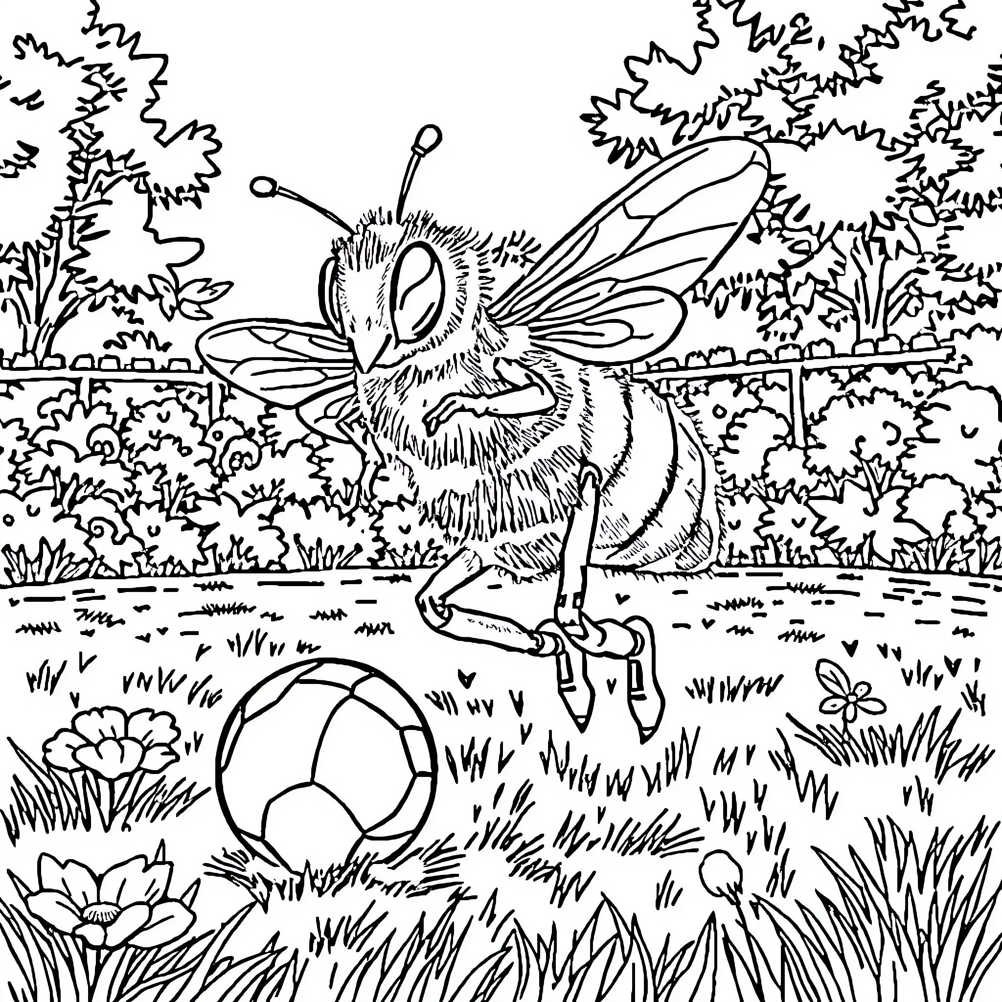 Bee exploring a lush garden Coloring Page (free black-and-white line drawing printable PDF for all, from beginners to advanced learners, including children, teens, adults, and seniors)