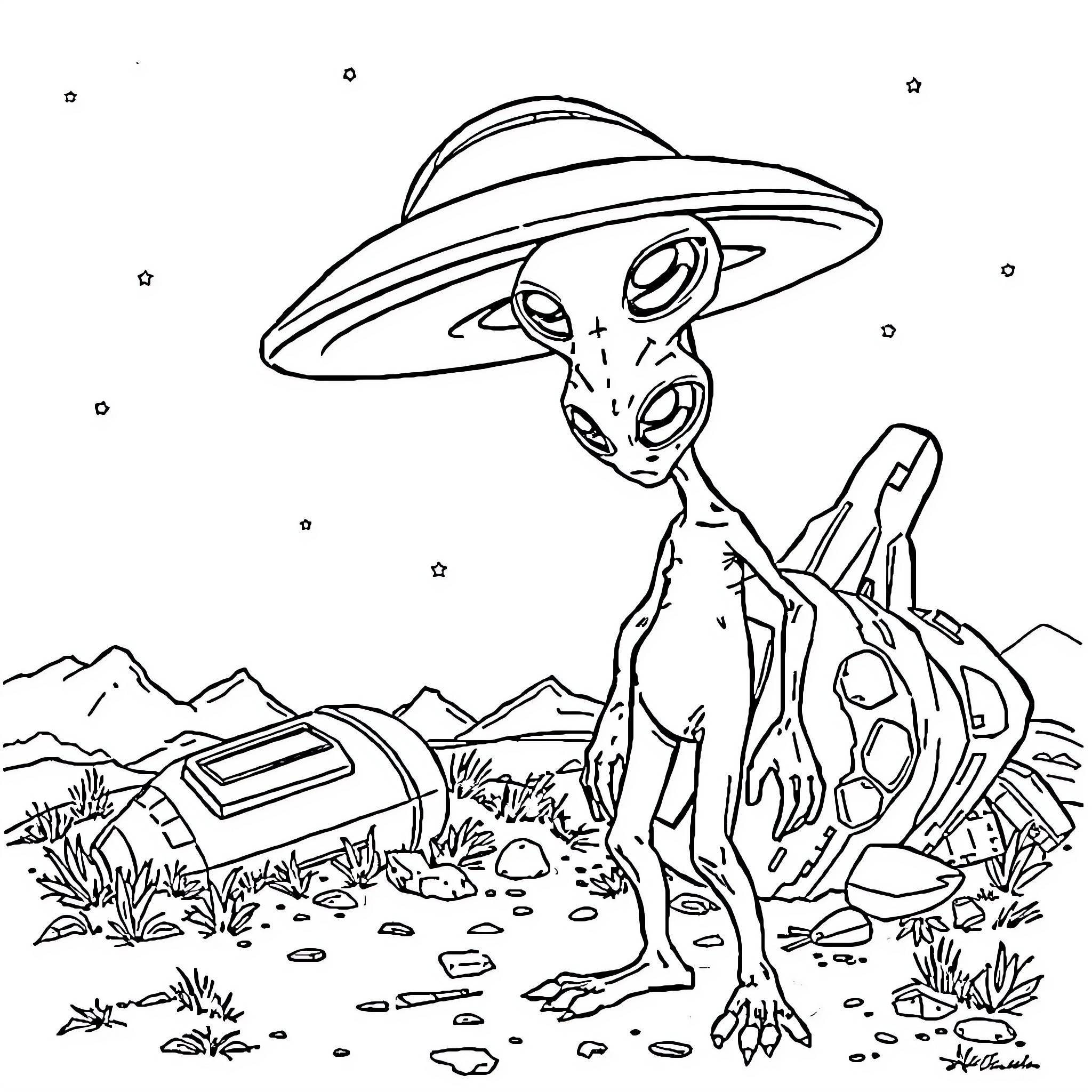 Alien exploring strange landscape with UFO Coloring Page (free black-and-white line drawing printable PDF for all, from beginners to advanced learners, including children, teens, adults, and seniors)