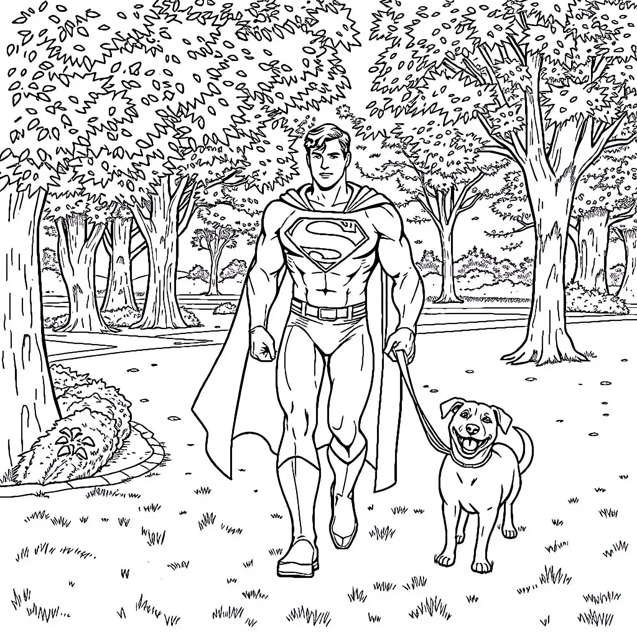 Superman walking his dog in a lush forest Coloring Page (free black-and-white line drawing printable PDF for all, from beginners to advanced learners, including children, teens, adults, and seniors)