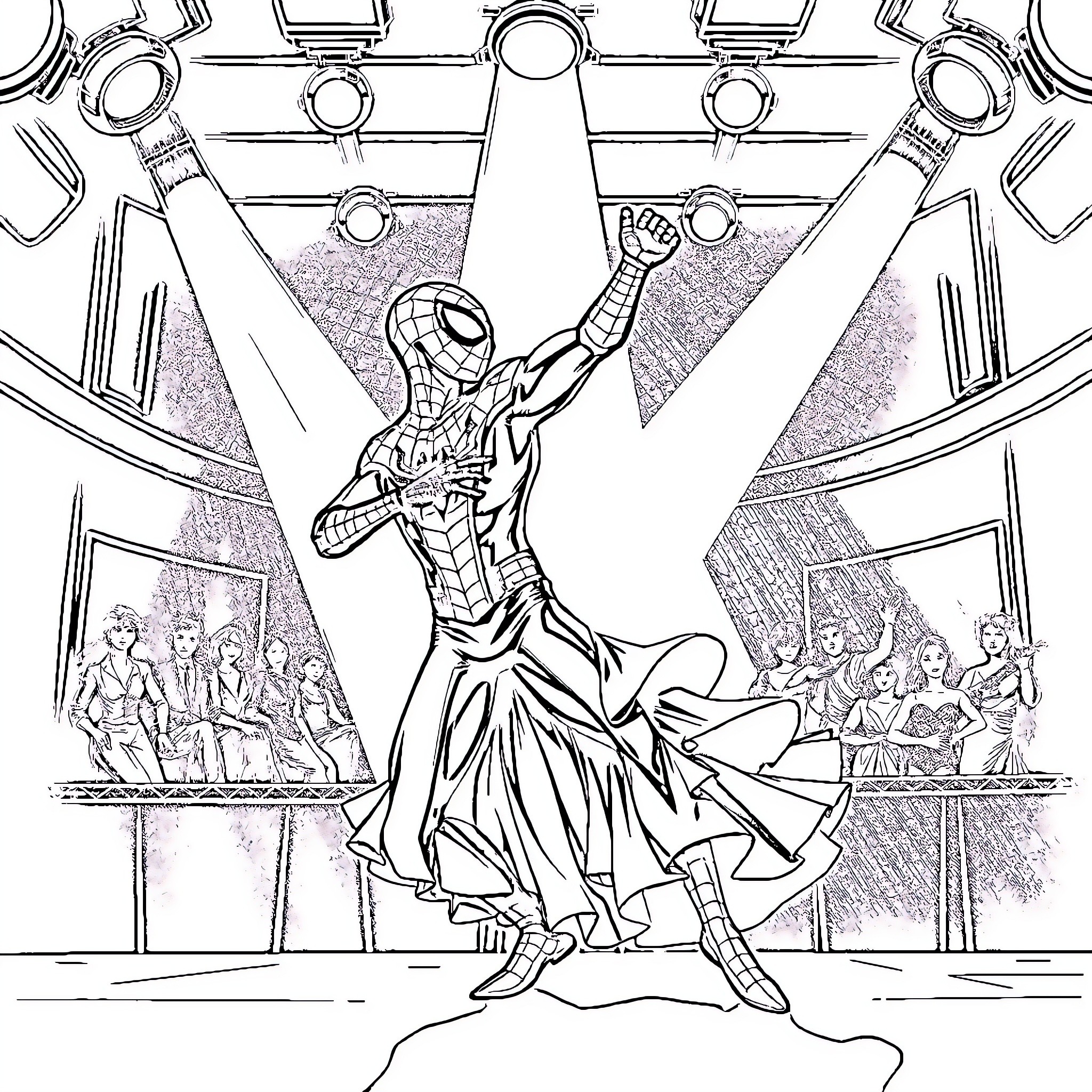 Spiderman performing heroic actions on stage Coloring Page (free black-and-white line drawing printable PDF for all, from beginners to advanced learners, including children, teens, adults, and seniors)