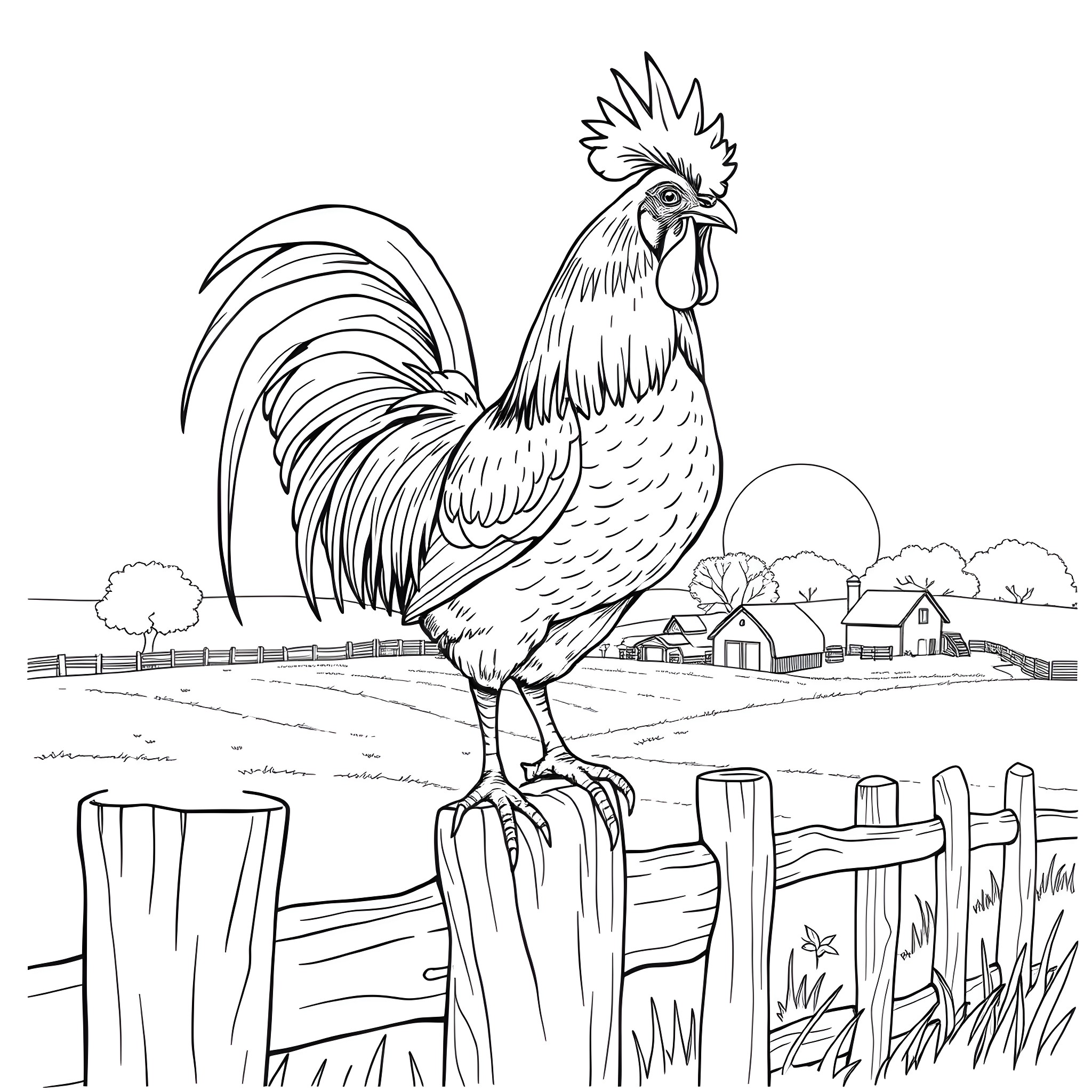 Rooster perching on a fence in a rural setting Coloring Page (free black-and-white line drawing printable PDF for all, from beginners to advanced learners, including children, teens, adults, and seniors)