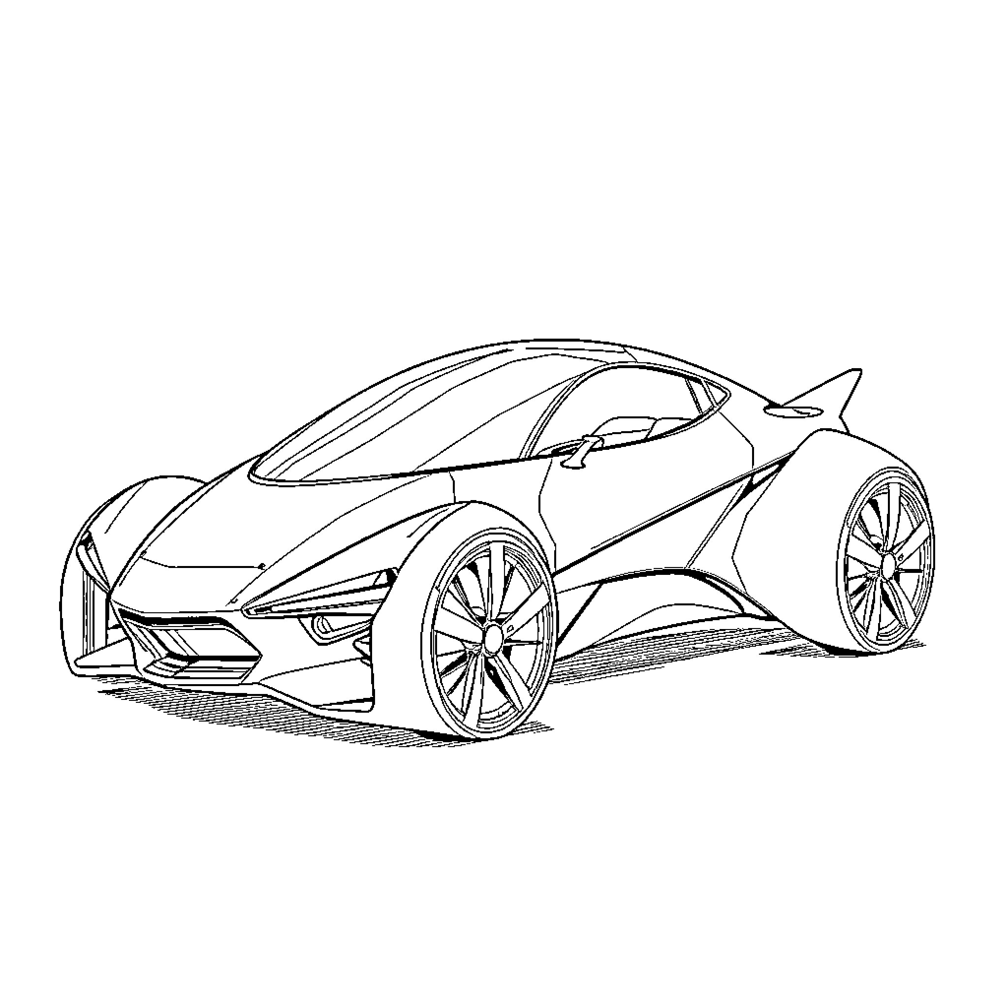 Car with Futuristic Design and Stylish Wheels Coloring Page (free black-and-white line drawing printable PDF for all, from beginners to advanced learners, including children, teens, adults, and seniors)