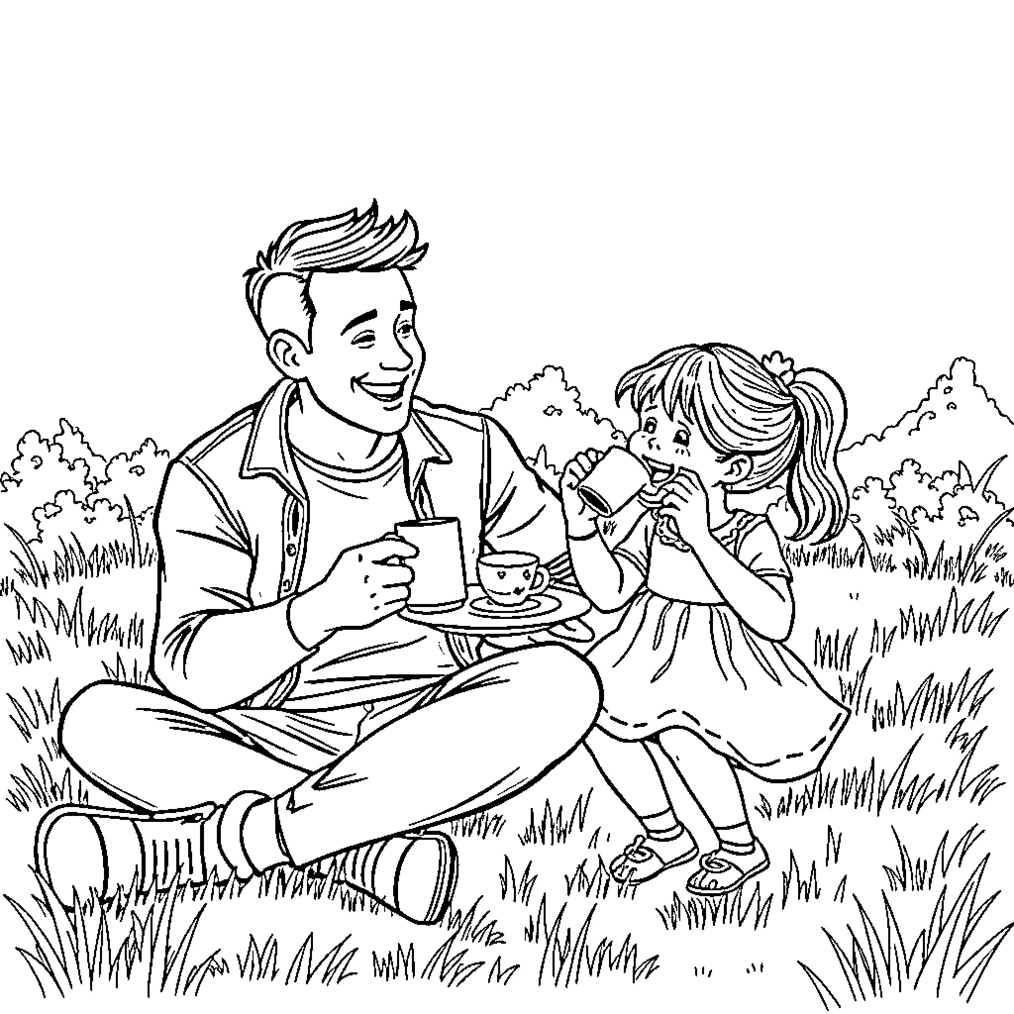 Dad Enjoying a Picnic with His Daughter Coloring Page (free black-and-white line drawing printable PDF for all, from beginners to advanced learners, including children, teens, adults, and seniors)