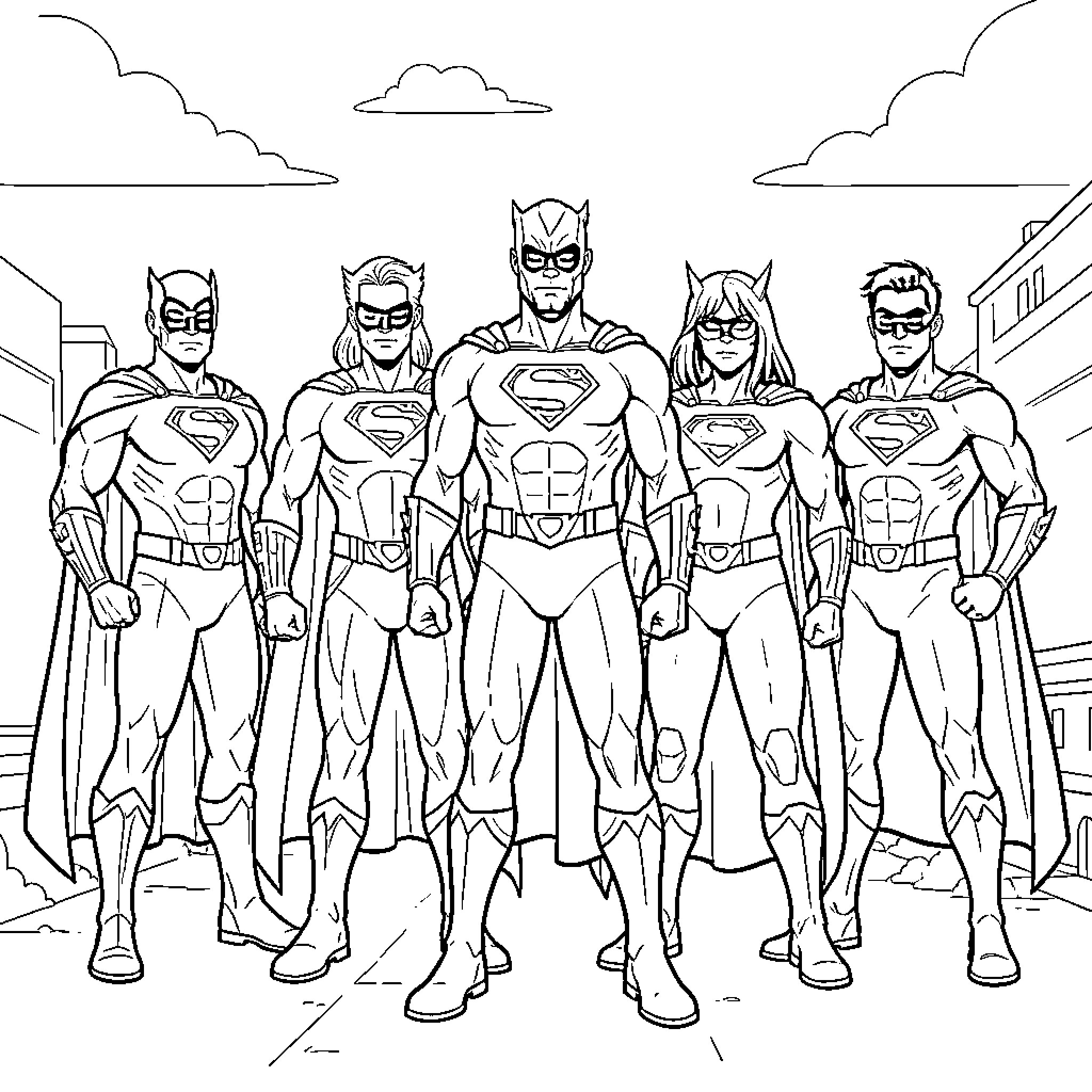 Superhero team standing heroically in a city scene Coloring Page (free black-and-white line drawing printable PDF for all, from beginners to advanced learners, including children, teens, adults, and seniors)