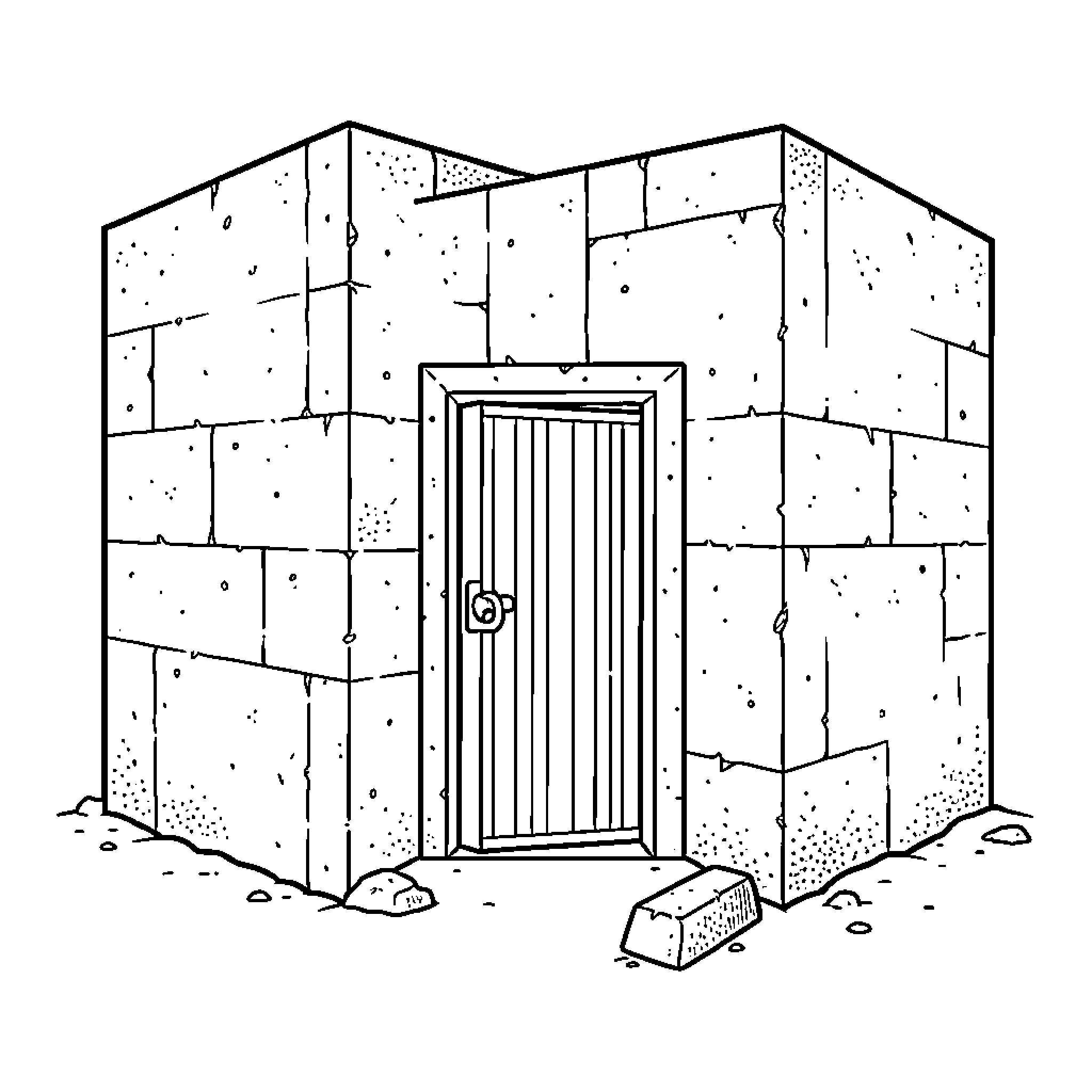 Cell in a stone-walled building with a closed door Coloring Page (free black-and-white line drawing printable PDF for all, from beginners to advanced learners, including children, teens, adults, and seniors)