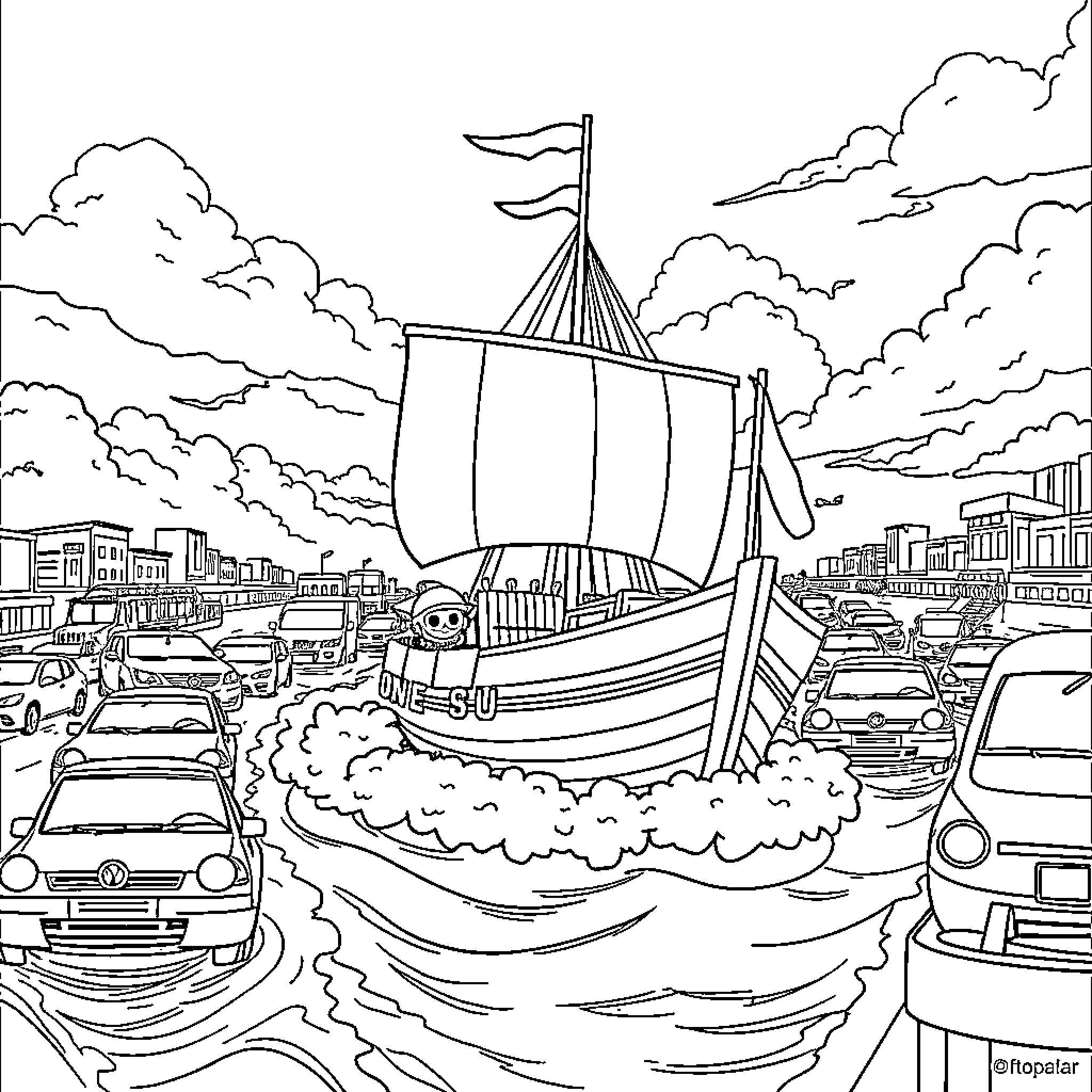 Ship sailing through a crowded city harbor Coloring Page (free black-and-white line drawing printable PDF for all, from beginners to advanced learners, including children, teens, adults, and seniors)