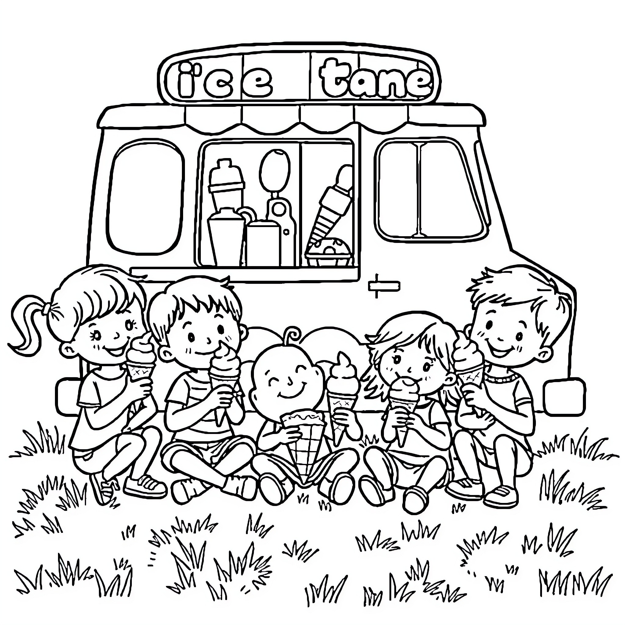 Kids enjoying ice cream at the ice cream truck Coloring Page (free black-and-white line drawing printable PDF for all, from beginners to advanced learners, including children, teens, adults, and seniors)
