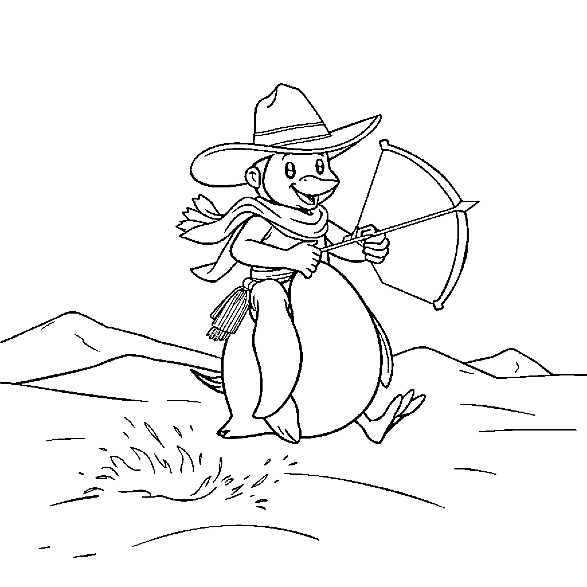 Cowboy penguin with bow and arrow in the wilderness Coloring Page (free black-and-white line drawing printable PDF for all, from beginners to advanced learners, including children, teens, adults, and seniors)