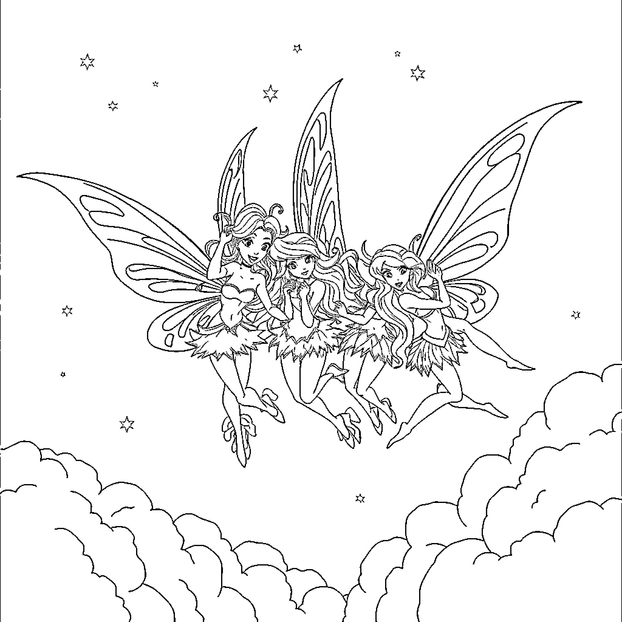 Winx Fairies Soaring in the Clouds Coloring Page (free black-and-white line drawing printable PDF for all, from beginners to advanced learners, including children, teens, adults, and seniors)