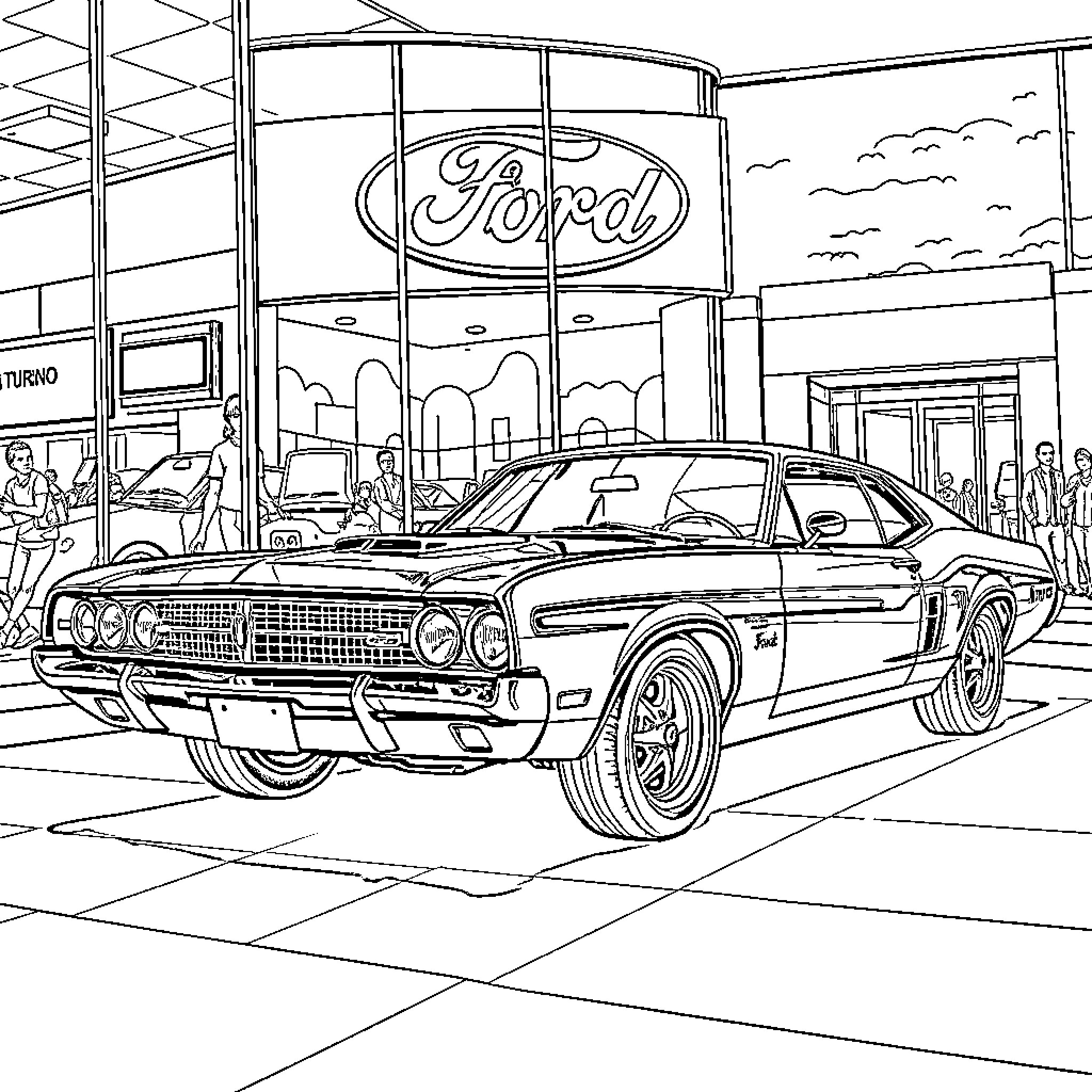 Ford Torino in a busy automotive showroom scene Coloring Page (free black-and-white line drawing printable PDF for all, from beginners to advanced learners, including children, teens, adults, and seniors)