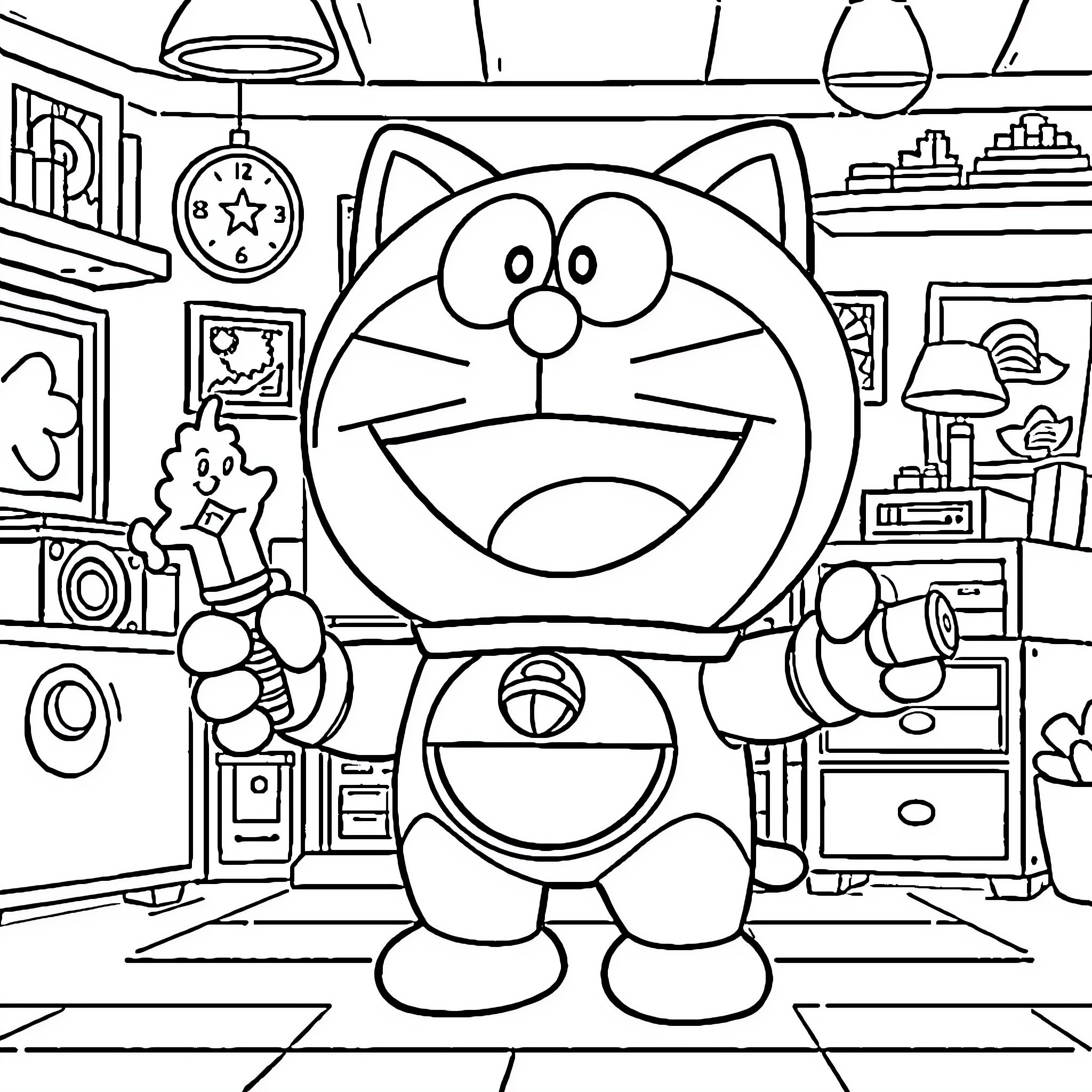 Doraemon exploring his cozy bedroom Coloring Page (free black-and-white line drawing printable PDF for all, from beginners to advanced learners, including children, teens, adults, and seniors)