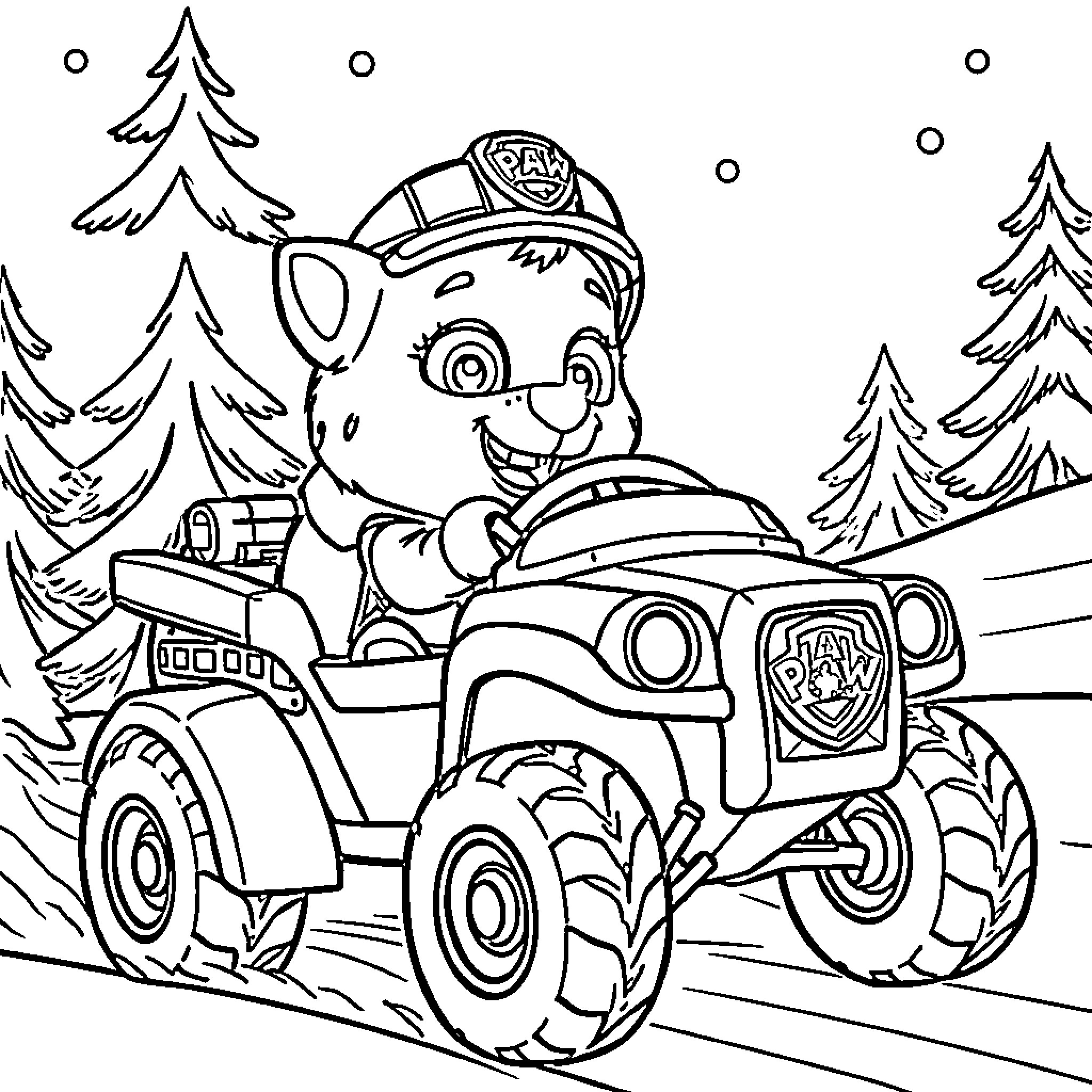 Everest Adventure with PAW Patrol Pup on a Tractor Coloring Page (free black-and-white line drawing printable PDF for all, from beginners to advanced learners, including children, teens, adults, and seniors)