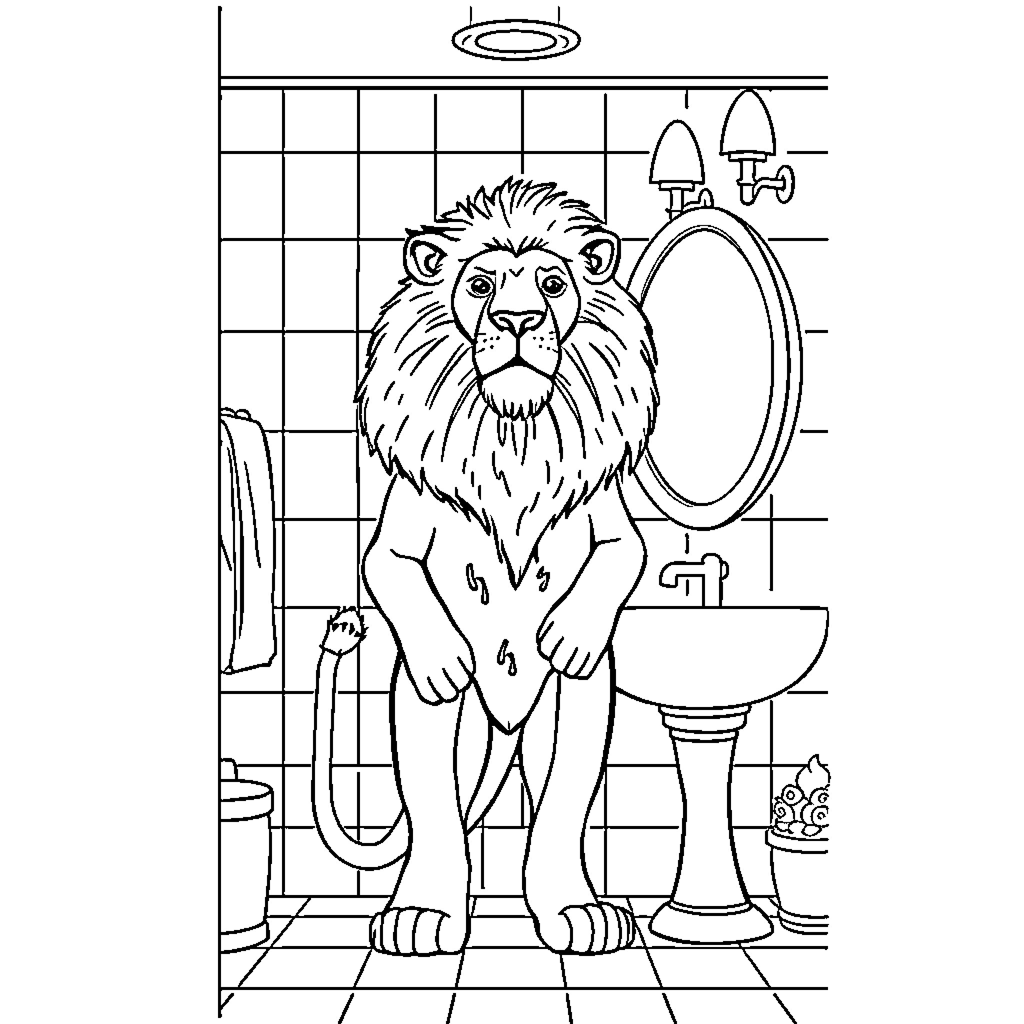 Lion Taking a Bathroom Break Coloring Page (free black-and-white line drawing printable PDF for all, from beginners to advanced learners, including children, teens, adults, and seniors)