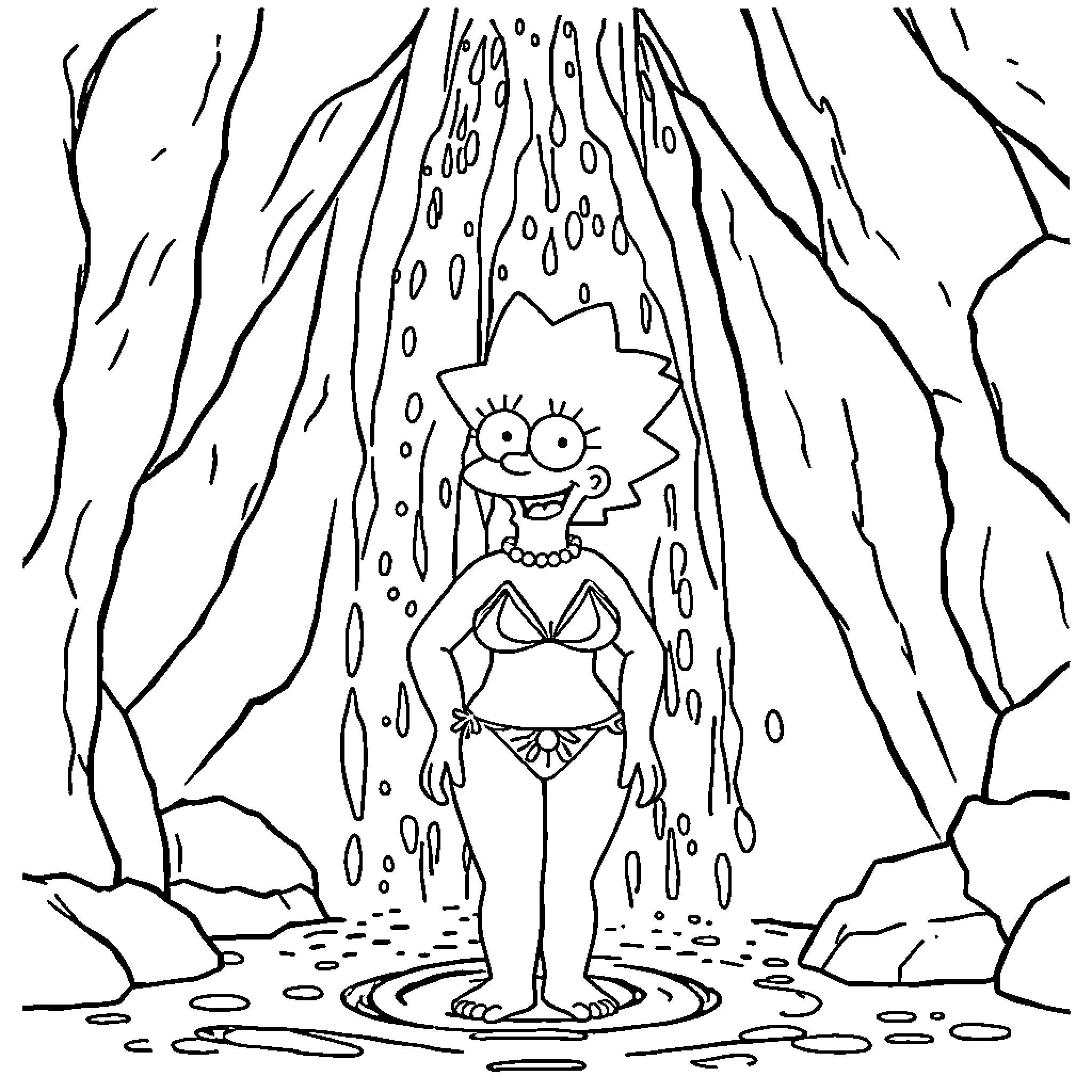 Marge Simpson in a surreal, cave-like environment Coloring Page (free black-and-white line drawing printable PDF for all, from beginners to advanced learners, including children, teens, adults, and seniors)