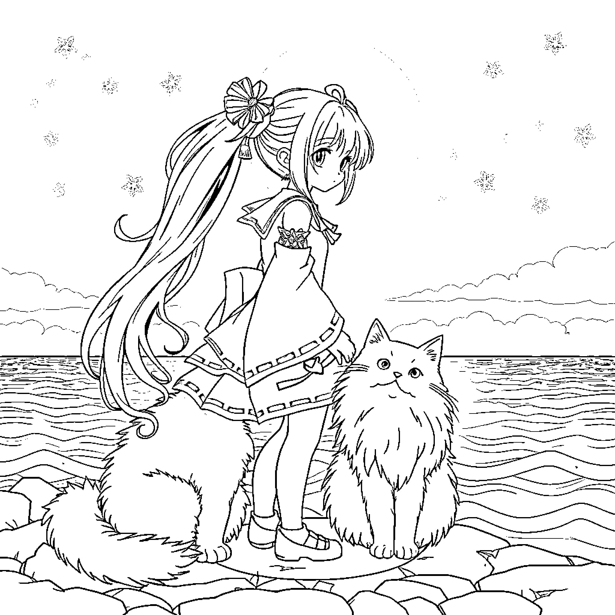 Miku Hatsune enjoying the beach with her pet cat Coloring Page (free black-and-white line drawing printable PDF for all, from beginners to advanced learners, including children, teens, adults, and seniors)