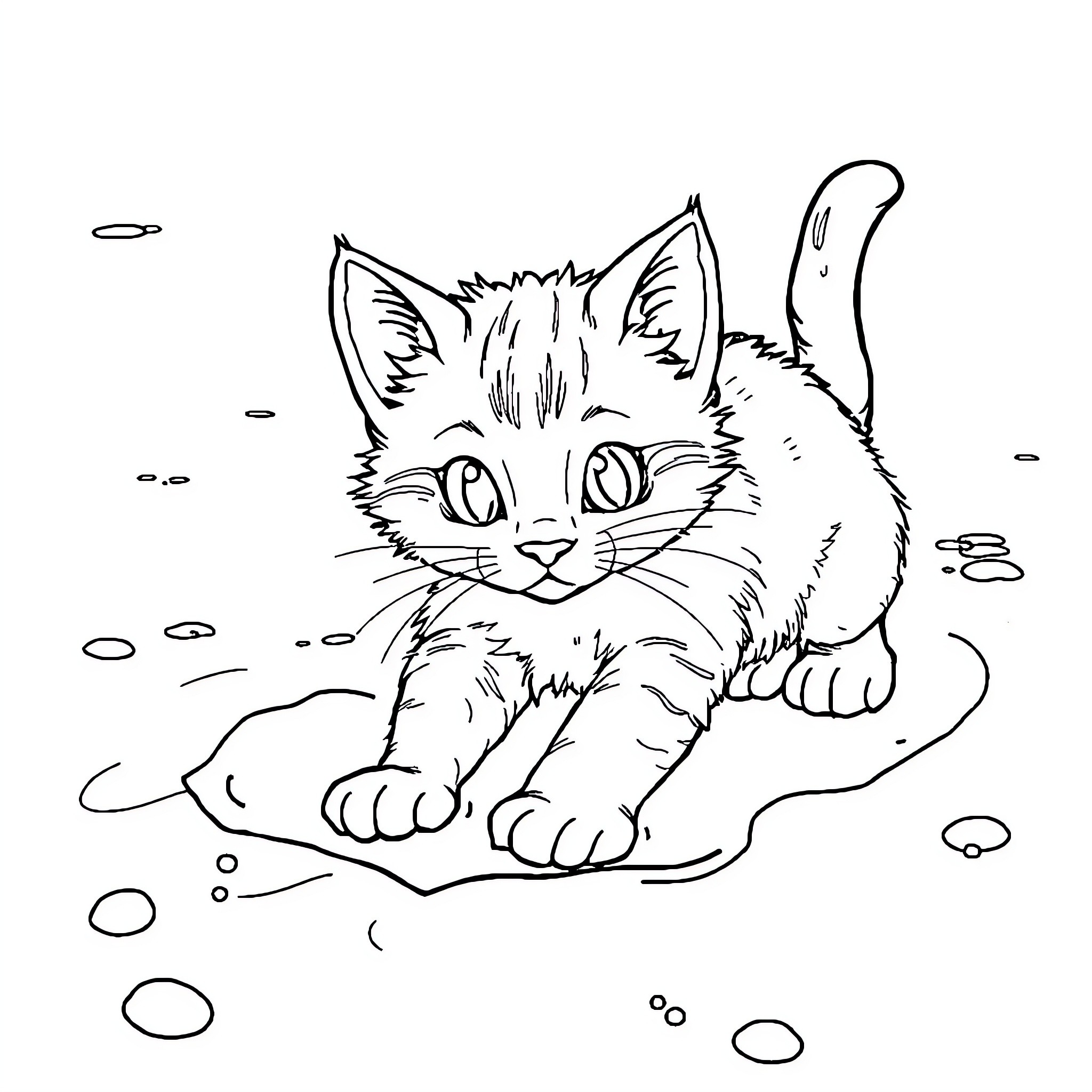 Cat exploring winter wonderland Coloring Page (free black-and-white line drawing printable PDF for all, from beginners to advanced learners, including children, teens, adults, and seniors)