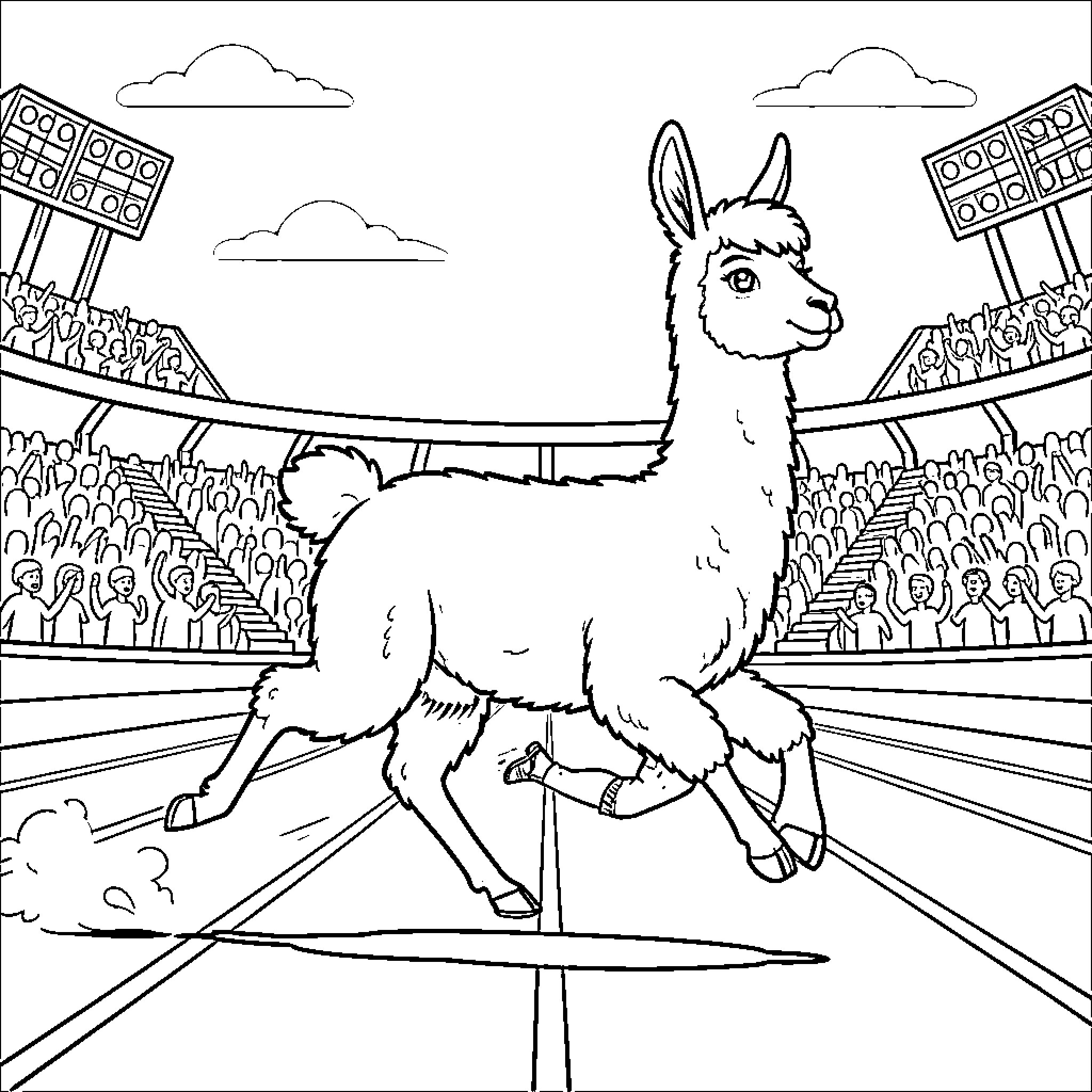 Llama performing in a circus arena Coloring Page (free black-and-white line drawing printable PDF for all, from beginners to advanced learners, including children, teens, adults, and seniors)