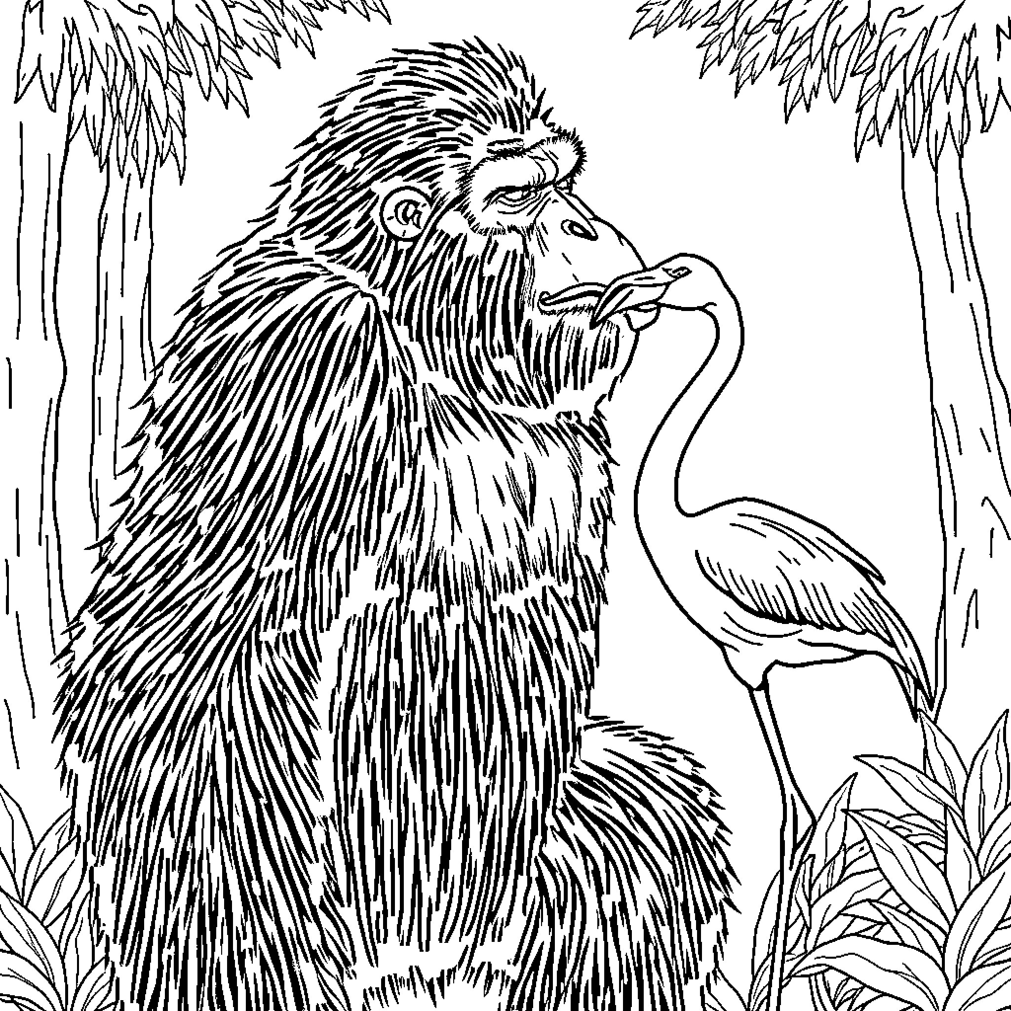 Bigfoot observing a heron in the wild Coloring Page (free black-and-white line drawing printable PDF for all, from beginners to advanced learners, including children, teens, adults, and seniors)