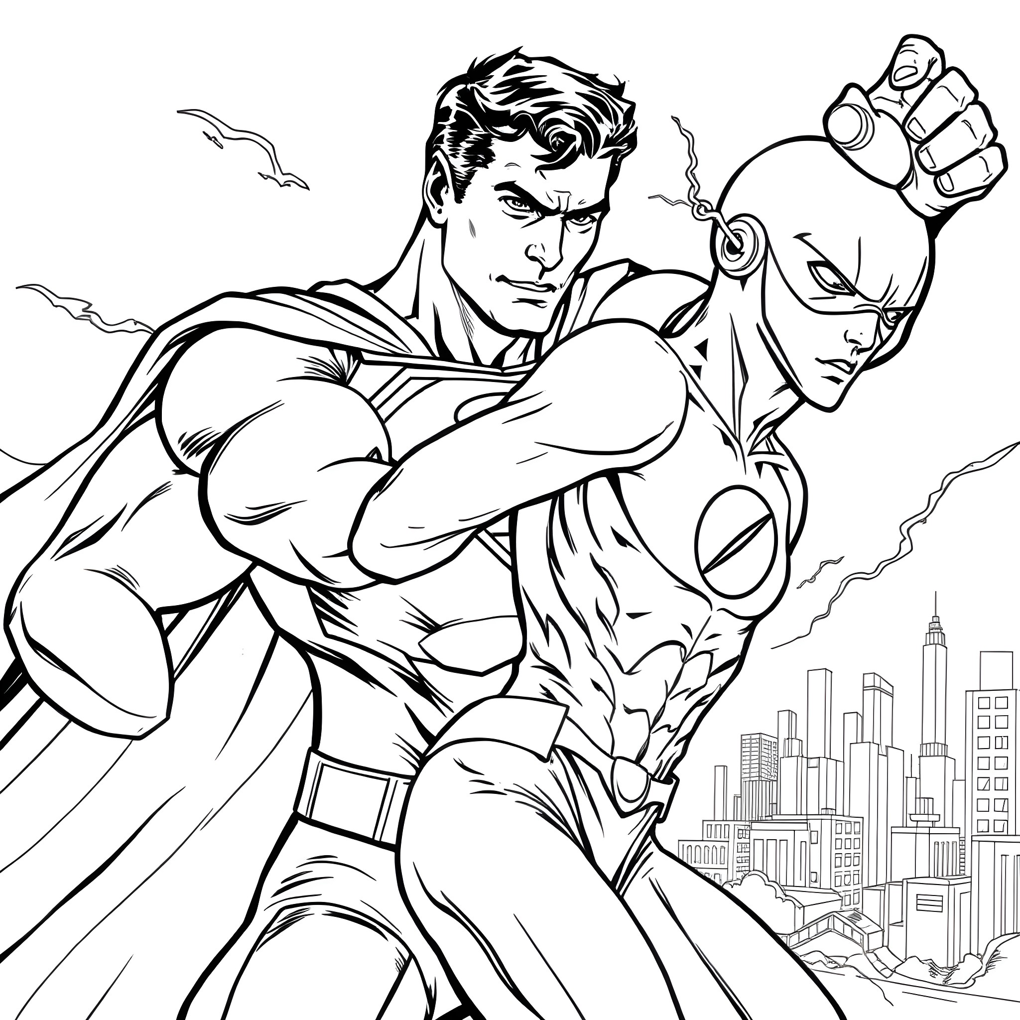 Superman in action pose with city skyline Coloring Page (free black-and-white line drawing printable PDF for all, from beginners to advanced learners, including children, teens, adults, and seniors)
