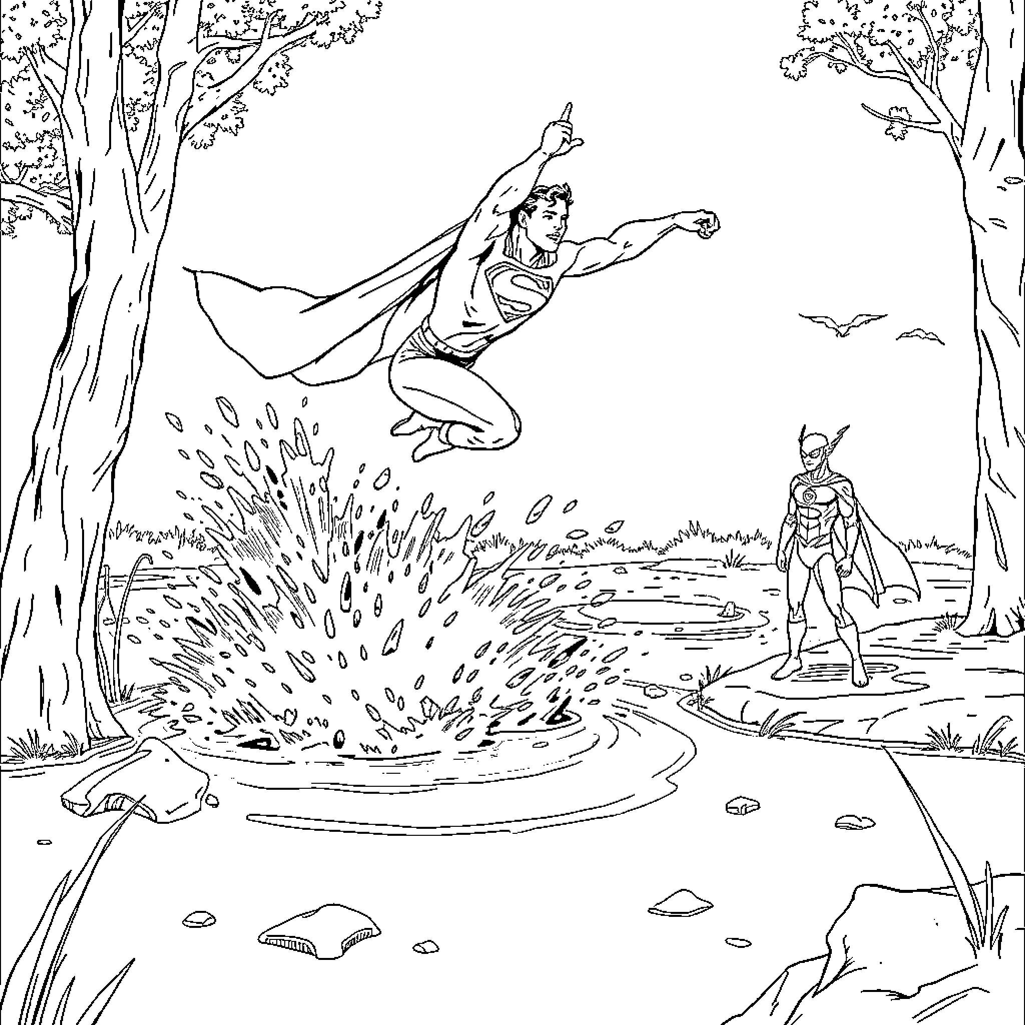 Superman heroically flying through the forest Coloring Page (free black-and-white line drawing printable PDF for all, from beginners to advanced learners, including children, teens, adults, and seniors)