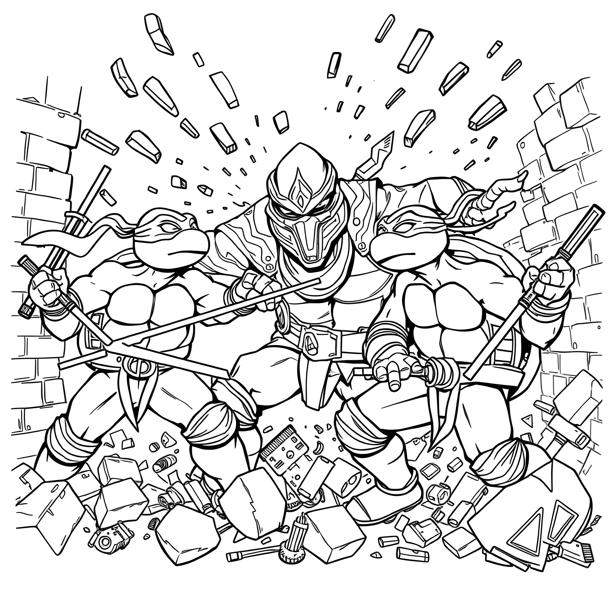 Ninja Turtle heroes smashing through walls in action Coloring Page (free black-and-white line drawing printable PDF for all, from beginners to advanced learners, including children, teens, adults, and seniors)