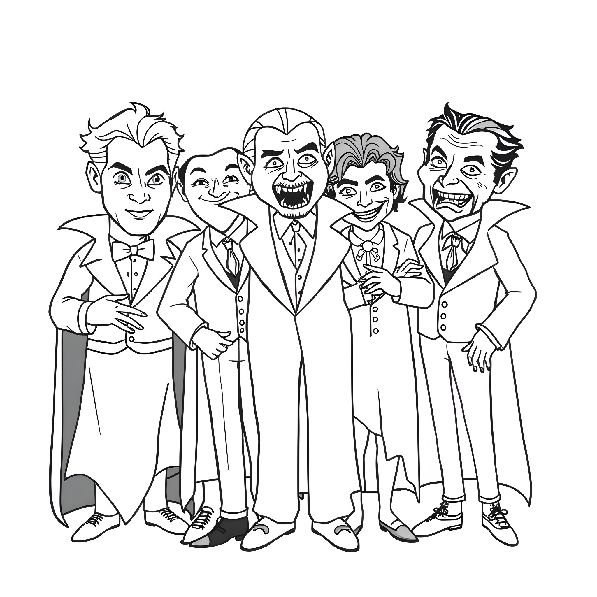 Vampire Mob Members in Formal Attire Coloring Page (free black-and-white line drawing printable PDF for all, from beginners to advanced learners, including children, teens, adults, and seniors)