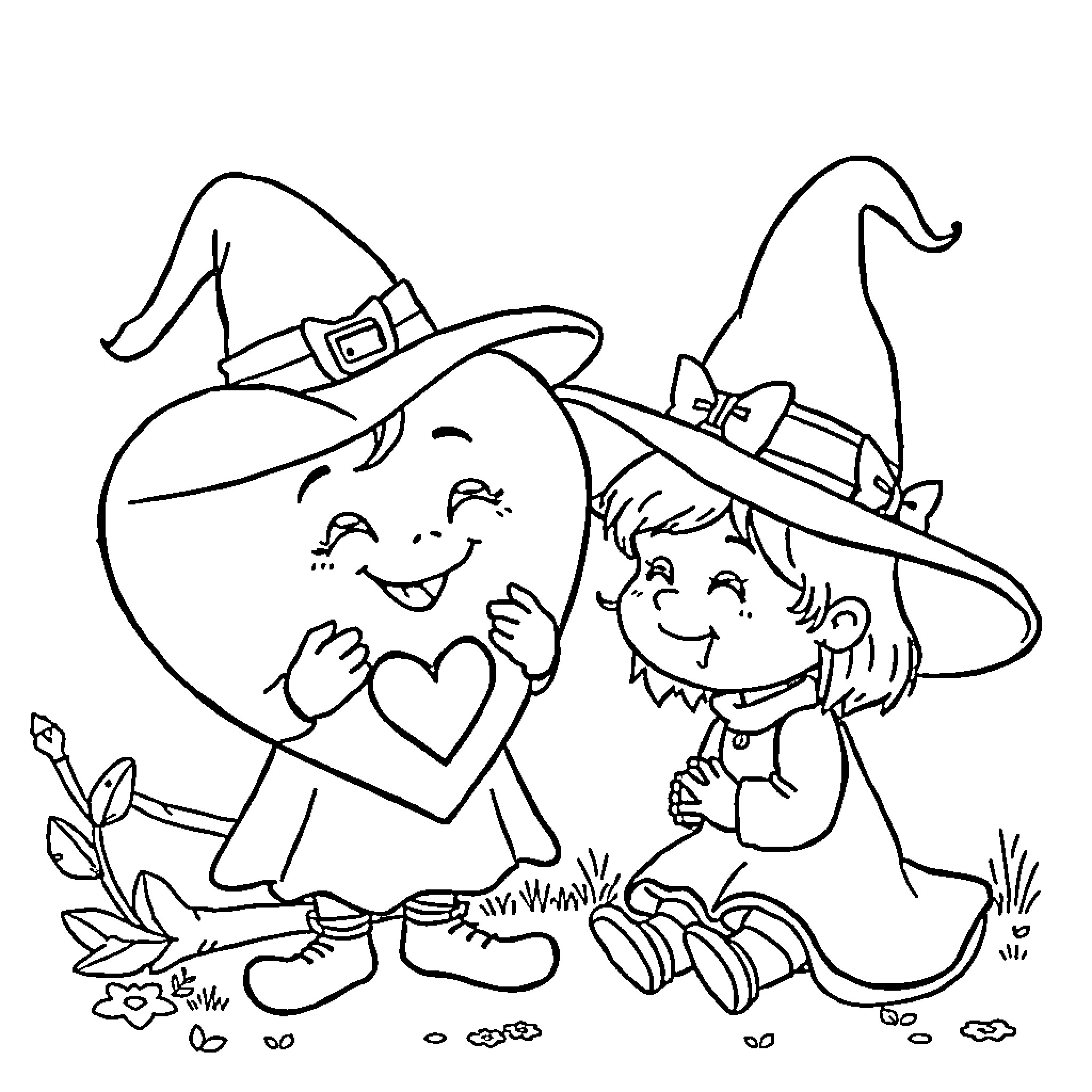 Heart Warming Witch and Pumpkin Friends Coloring Page (free black-and-white line drawing printable PDF for all, from beginners to advanced learners, including children, teens, adults, and seniors)