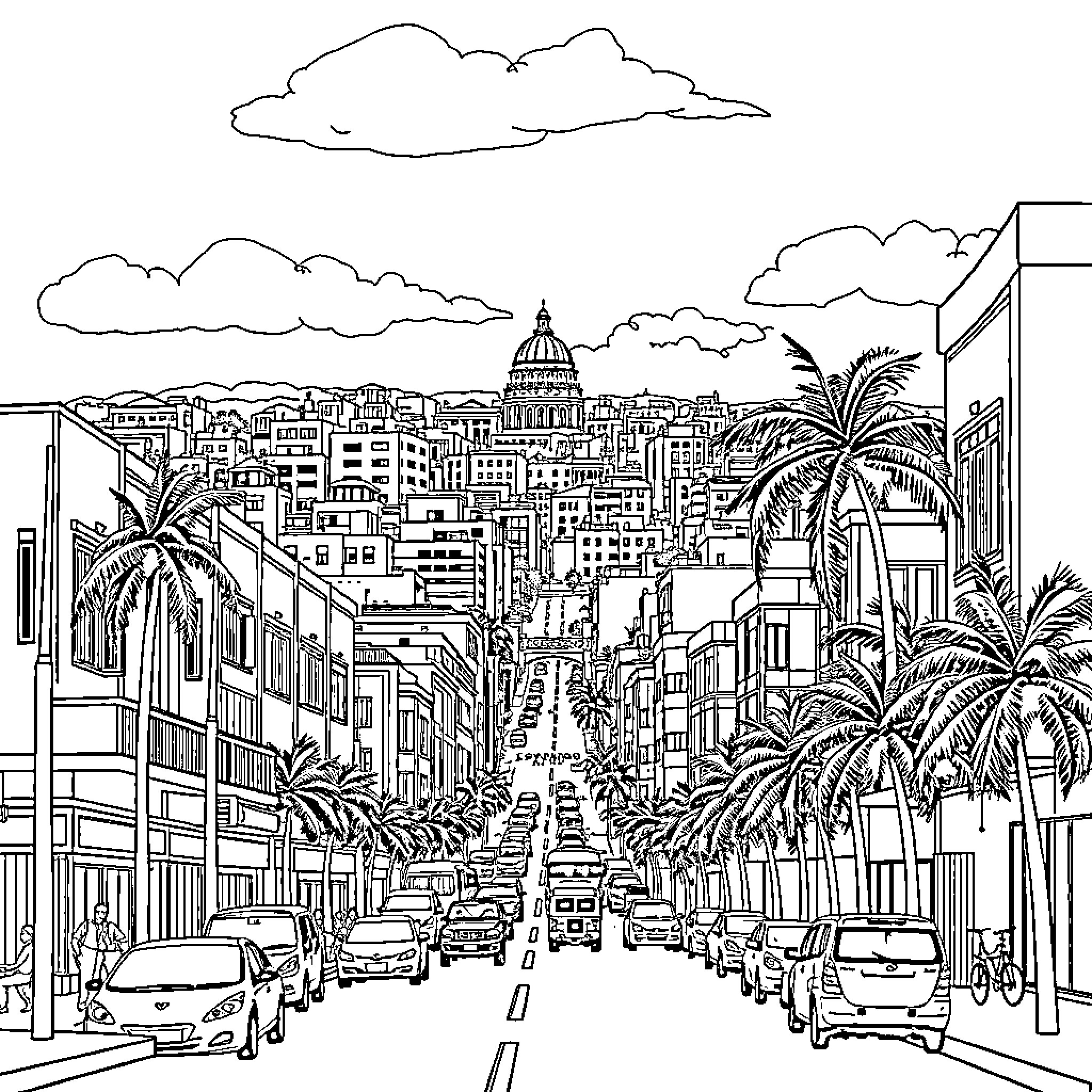 Luanda's vibrant cityscape with bustling streets and towering architecture Coloring Page (free black-and-white line drawing printable PDF for all, from beginners to advanced learners, including children, teens, adults, and seniors)