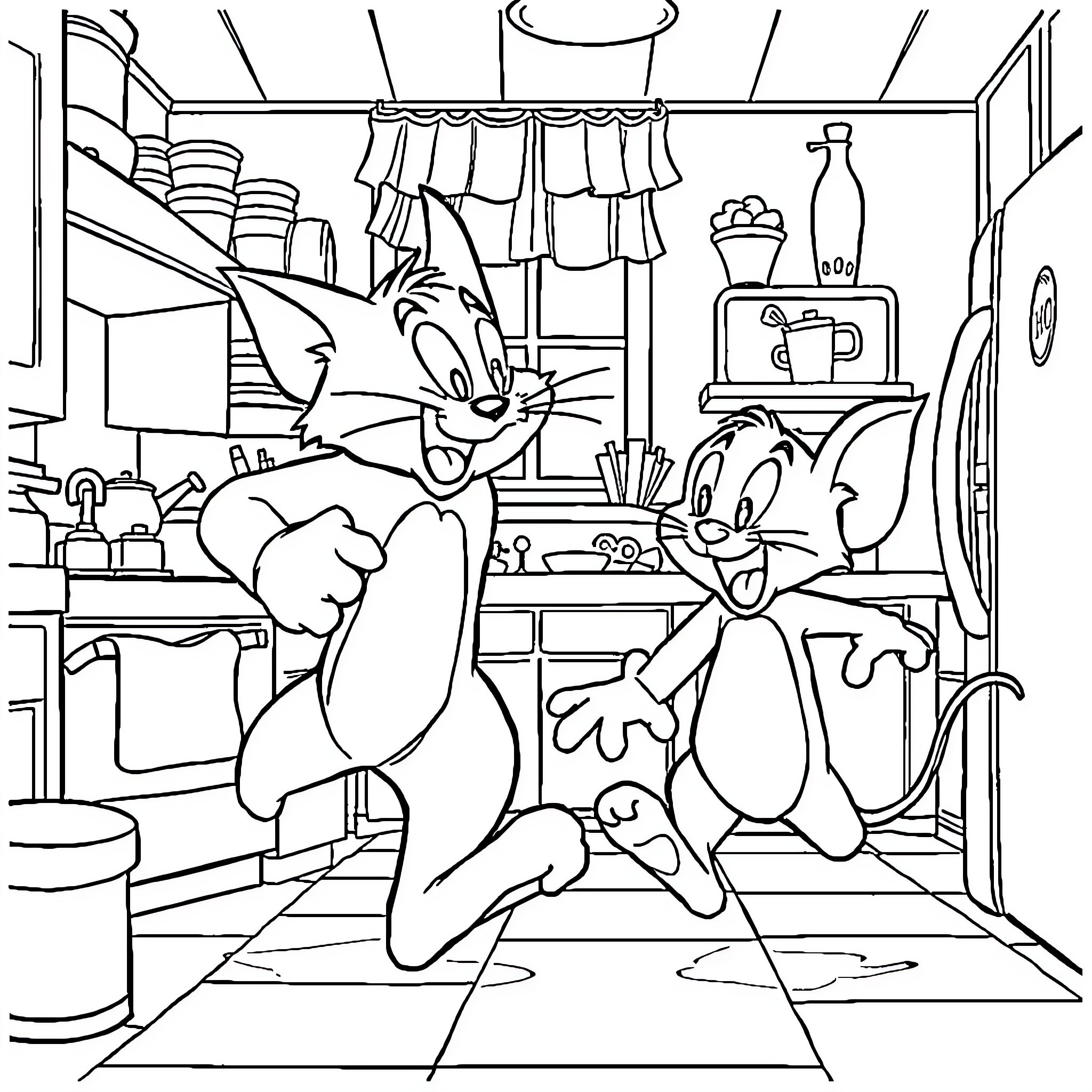 Tom and Jerry's Chaotic Kitchen Adventure Coloring Page (free black-and-white line drawing printable PDF for all, from beginners to advanced learners, including children, teens, adults, and seniors)