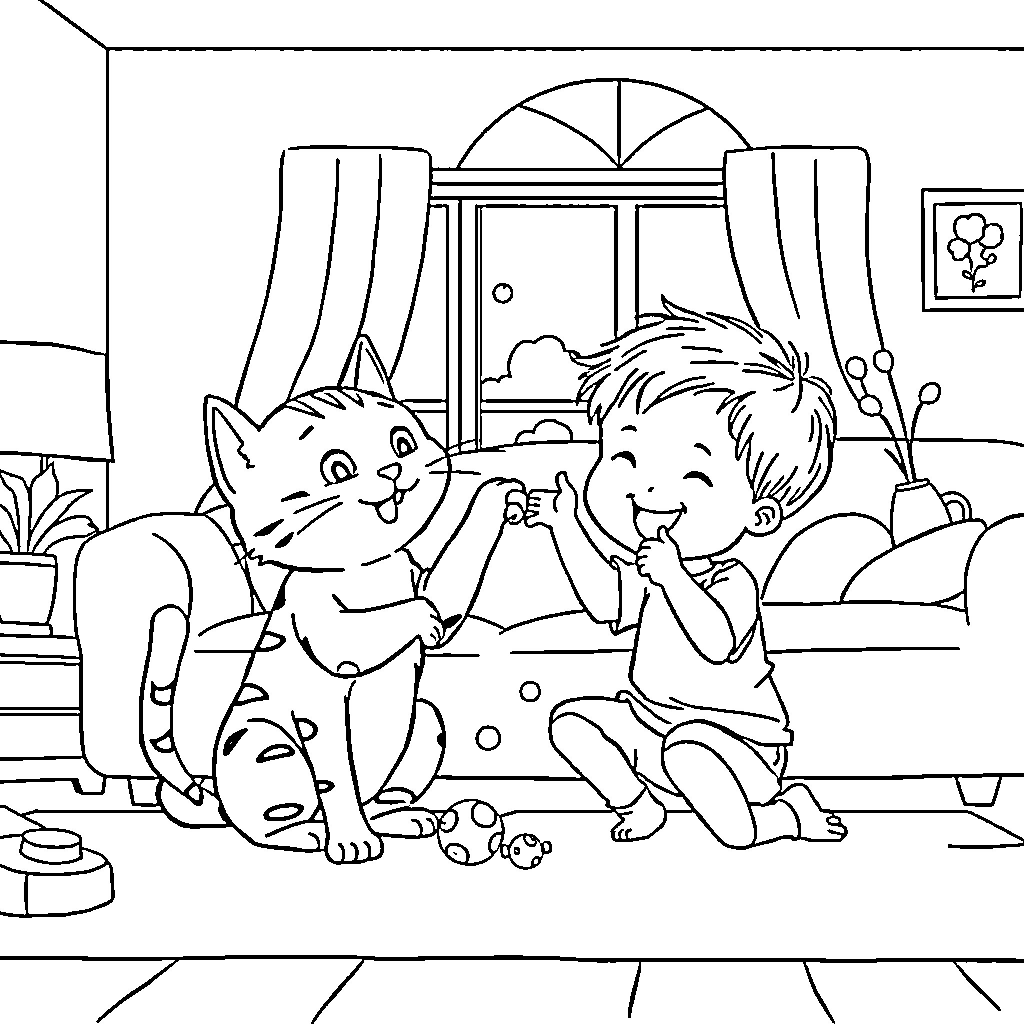 Cat and Child Playing Together at Home Coloring Page (free black-and-white line drawing printable PDF for all, from beginners to advanced learners, including children, teens, adults, and seniors)