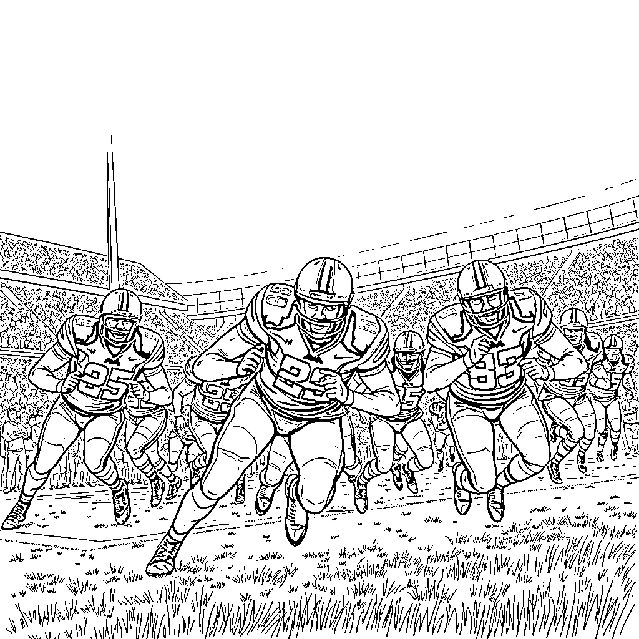 Hokies Football Team in Game Action Coloring Page (free black-and-white line drawing printable PDF for all, from beginners to advanced learners, including children, teens, adults, and seniors)
