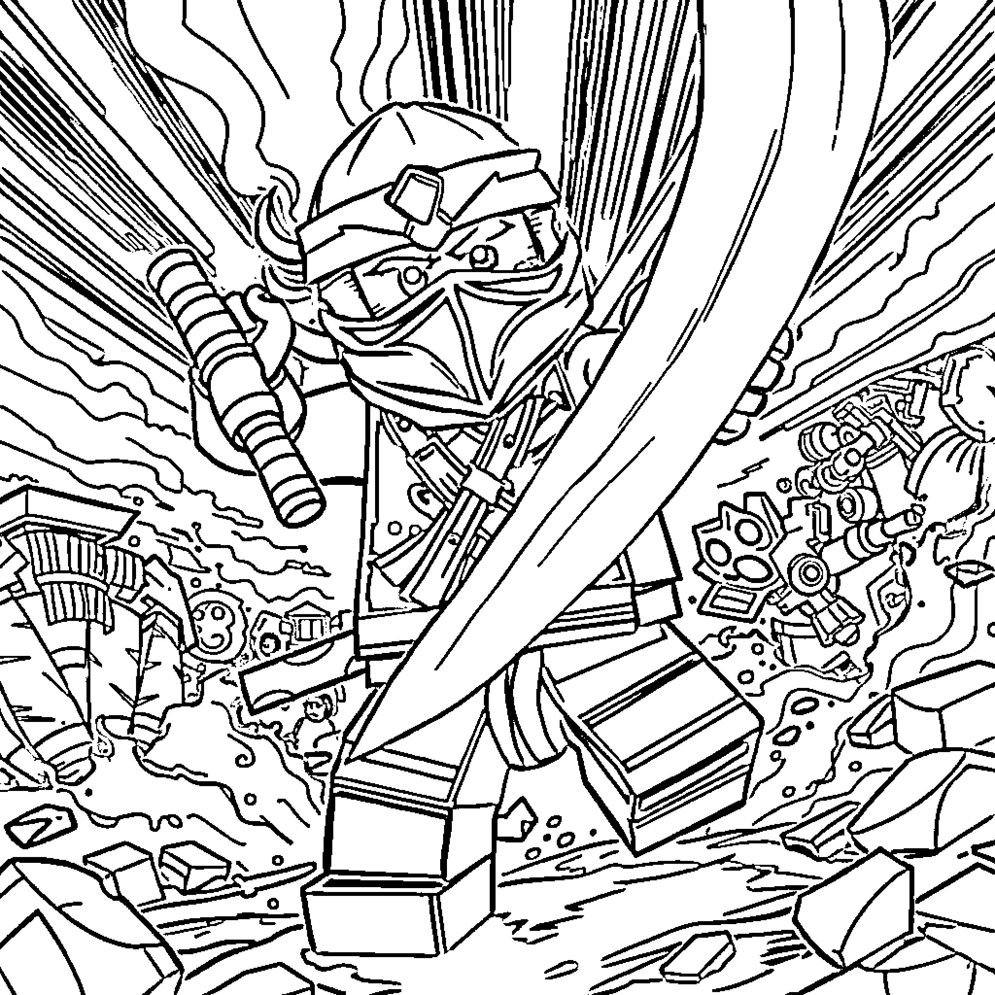 Kyle's Heroic Battle Against Mechanical Foes Coloring Page (free black-and-white line drawing printable PDF for all, from beginners to advanced learners, including children, teens, adults, and seniors)