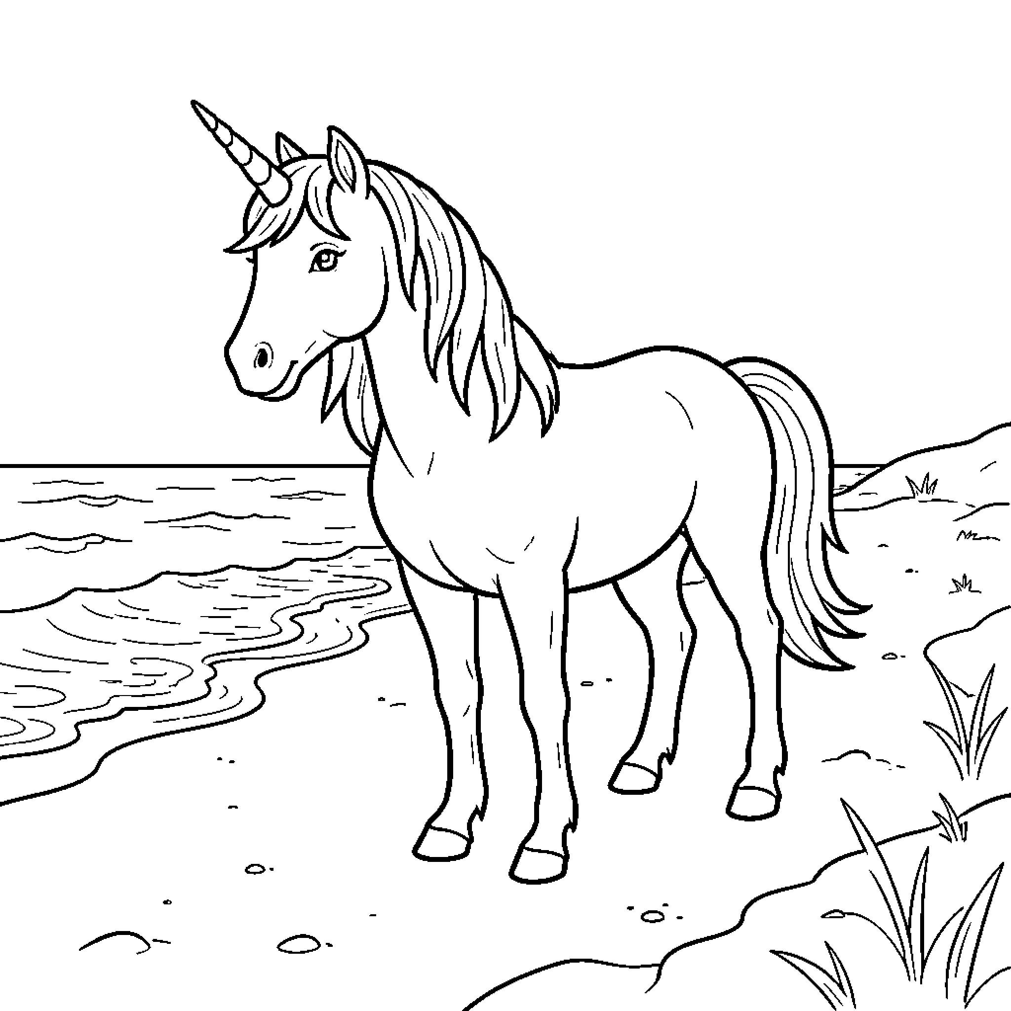 Unicorn standing peacefully on a sandy beach Coloring Page (free black-and-white line drawing printable PDF for all, from beginners to advanced learners, including children, teens, adults, and seniors)