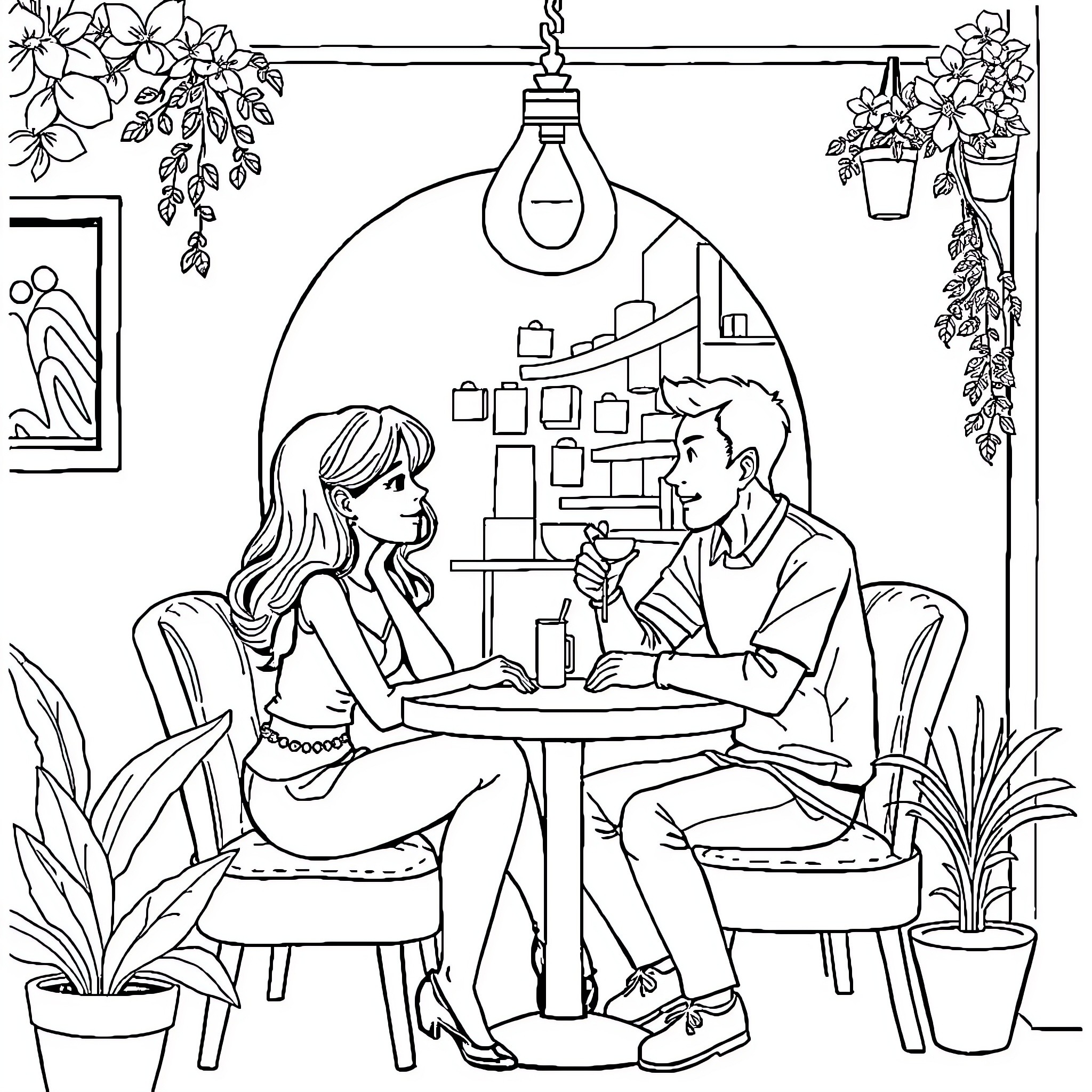 Desiré's Casual Cafe Date Coloring Page (free black-and-white line drawing printable PDF for all, from beginners to advanced learners, including children, teens, adults, and seniors)