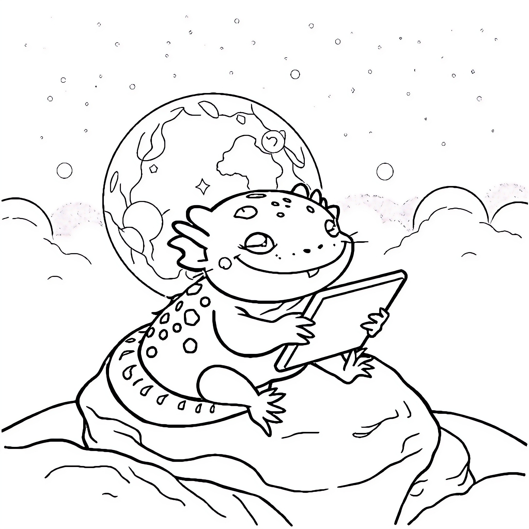 Axolotl exploring the night sky Coloring Page (free black-and-white line drawing printable PDF for all, from beginners to advanced learners, including children, teens, adults, and seniors)