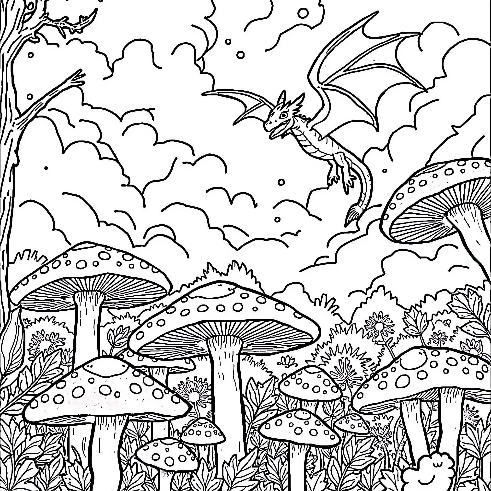 Dragon soaring through the magical mushroom forest Coloring Page (free black-and-white line drawing printable PDF for all, from beginners to advanced learners, including children, teens, adults, and seniors)
