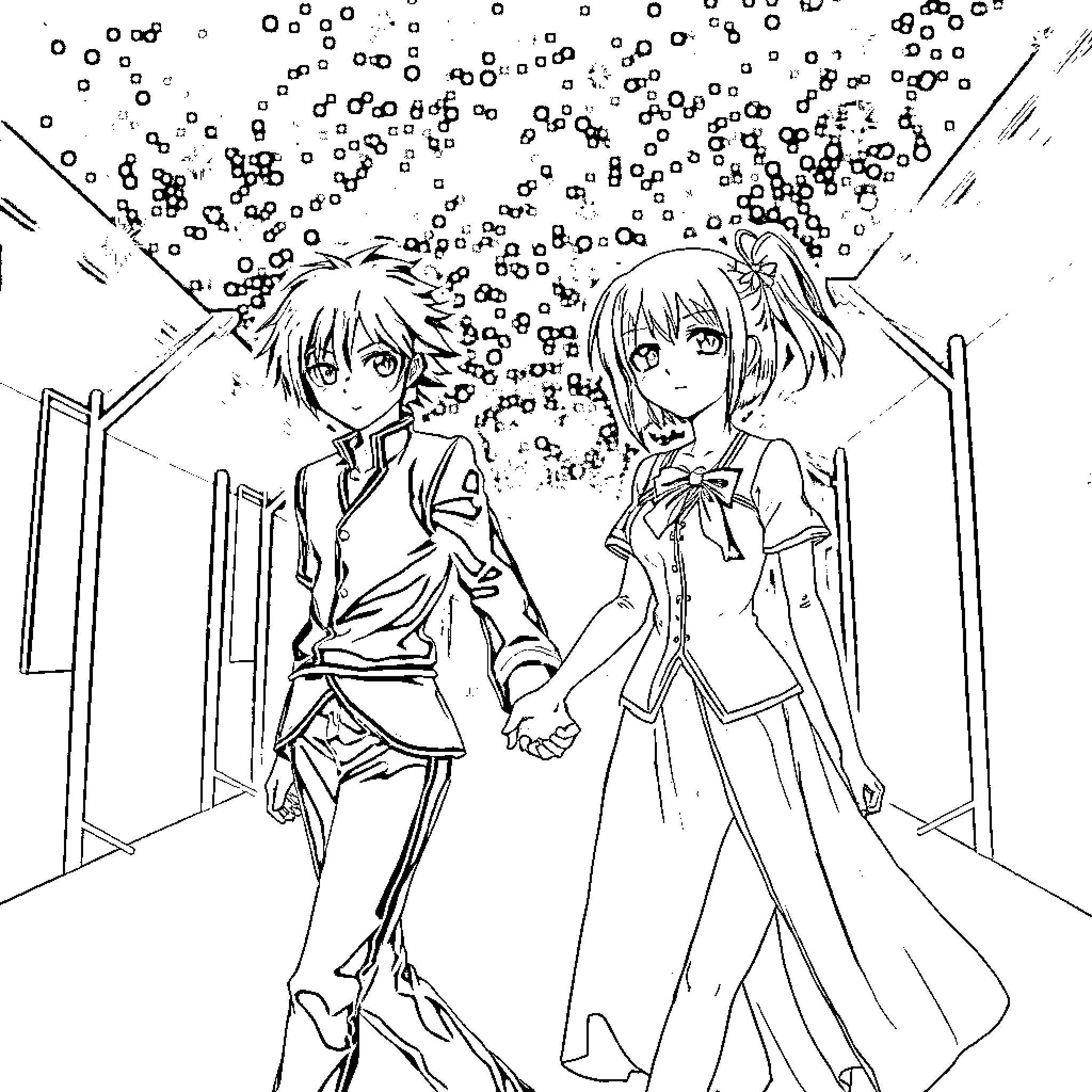 Rukia and companion in a surreal setting Coloring Page (free black-and-white line drawing printable PDF for all, from beginners to advanced learners, including children, teens, adults, and seniors)