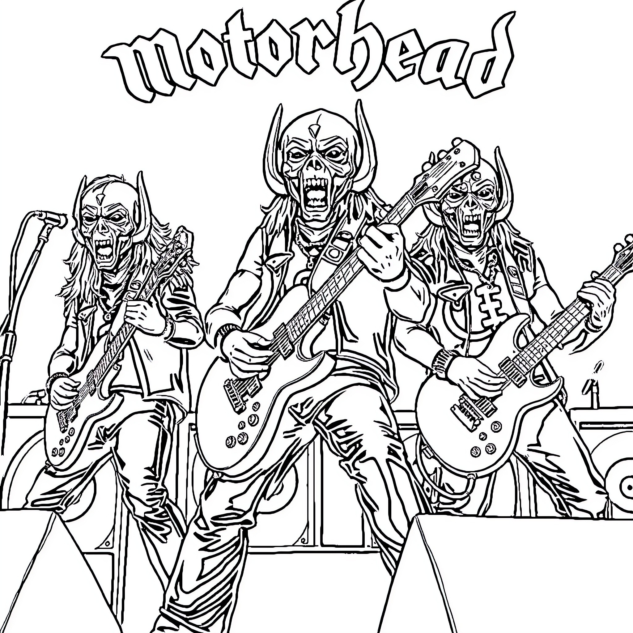 Motörhead performing on stage in iconic outfits Coloring Page (free black-and-white line drawing printable PDF for all, from beginners to advanced learners, including children, teens, adults, and seniors)