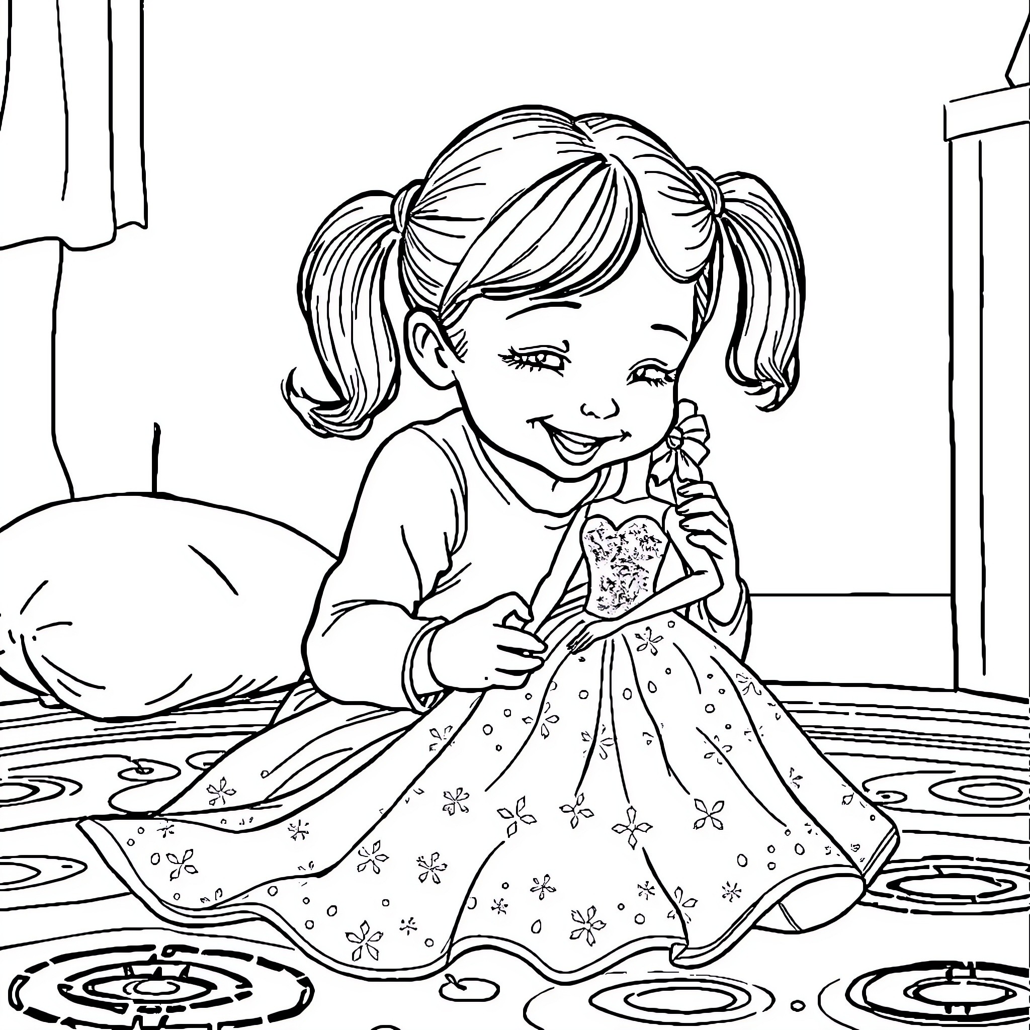 Girl happily playing with a flower in a room Coloring Page (free black-and-white line drawing printable PDF for all, from beginners to advanced learners, including children, teens, adults, and seniors)