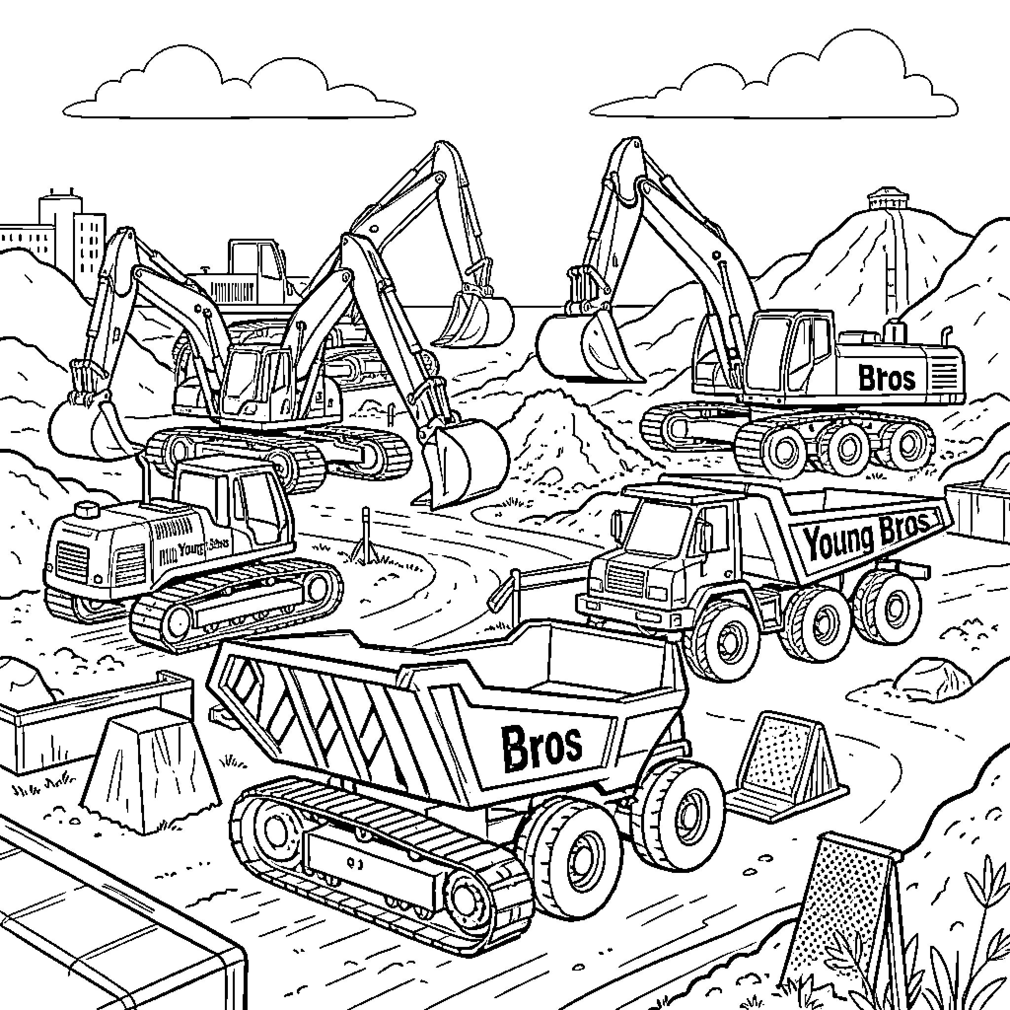 Diggers and Trucks at a Construction Site Coloring Page (free black-and-white line drawing printable PDF for all, from beginners to advanced learners, including children, teens, adults, and seniors)