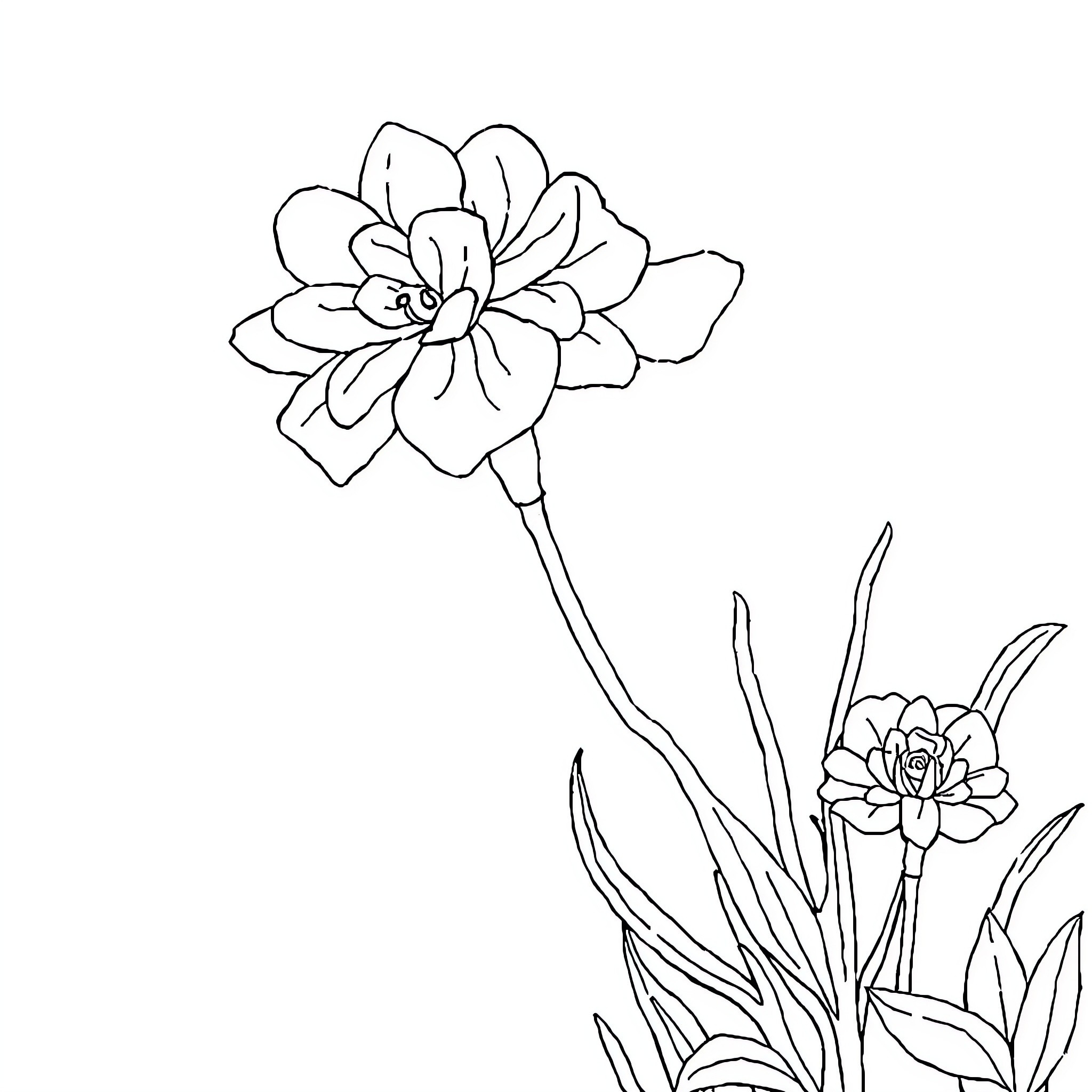 Delicate flower blooming amidst greenery Coloring Page (free black-and-white line drawing printable PDF for all, from beginners to advanced learners, including children, teens, adults, and seniors)