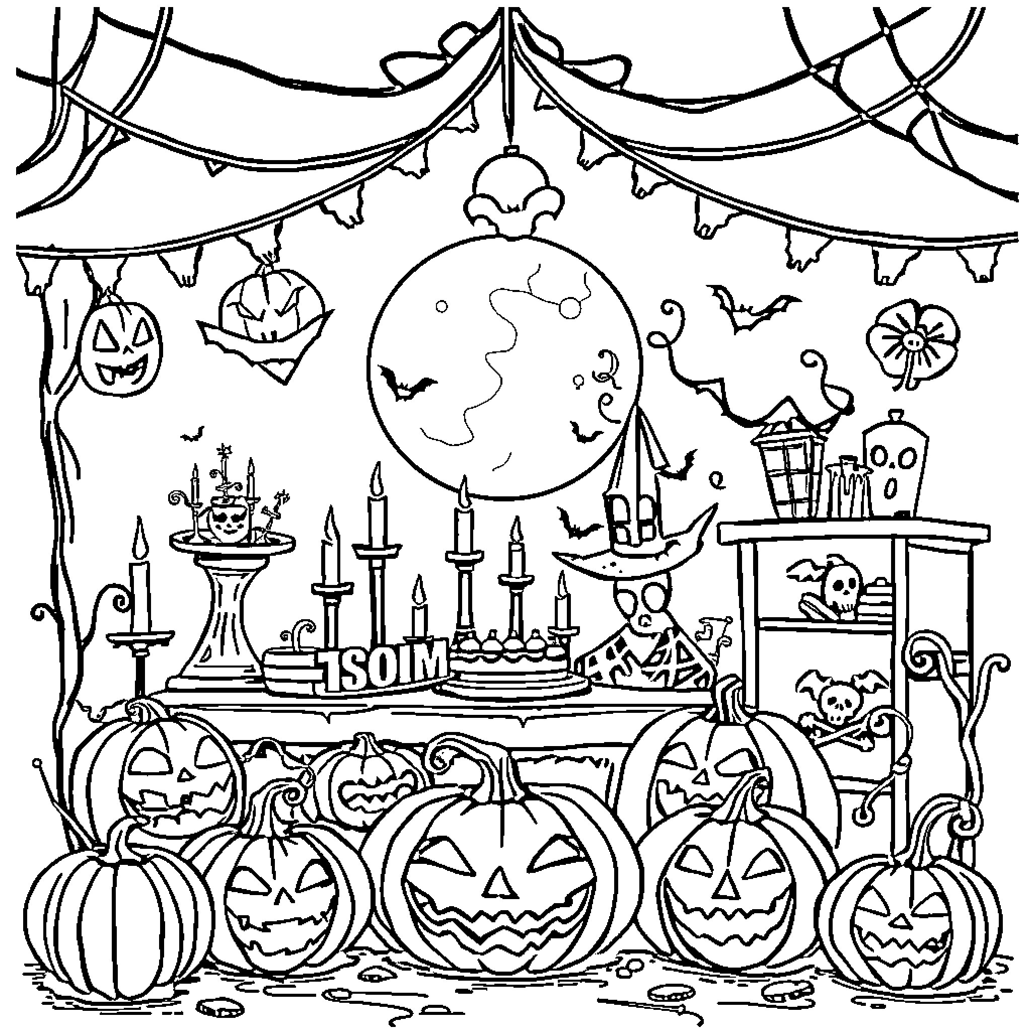 Halloween festive decorations and jack-o'-lanterns Coloring Page (free black-and-white line drawing printable PDF for all, from beginners to advanced learners, including children, teens, adults, and seniors)