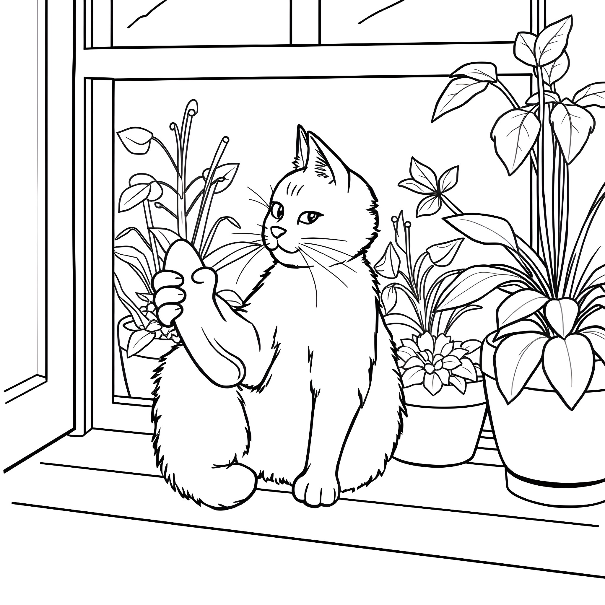 Cat sitting peacefully in a floral setting Coloring Page (free black-and-white line drawing printable PDF for all, from beginners to advanced learners, including children, teens, adults, and seniors)