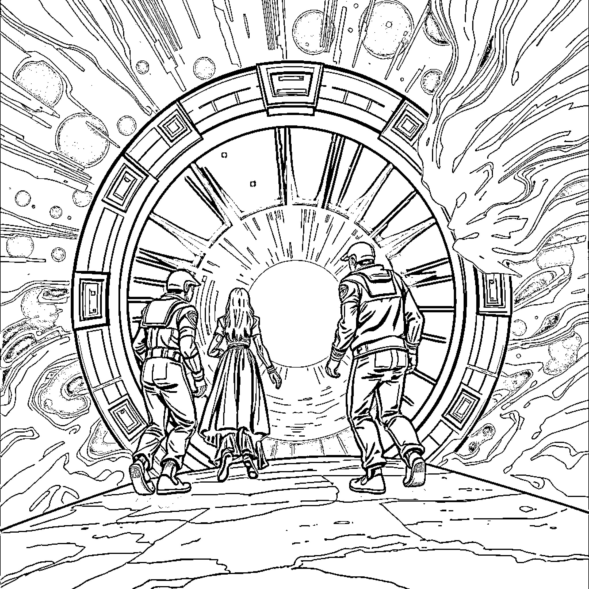 Stargate with Figures Entering the Dimensional Portal Coloring Page (free black-and-white line drawing printable PDF for all, from beginners to advanced learners, including children, teens, adults, and seniors)
